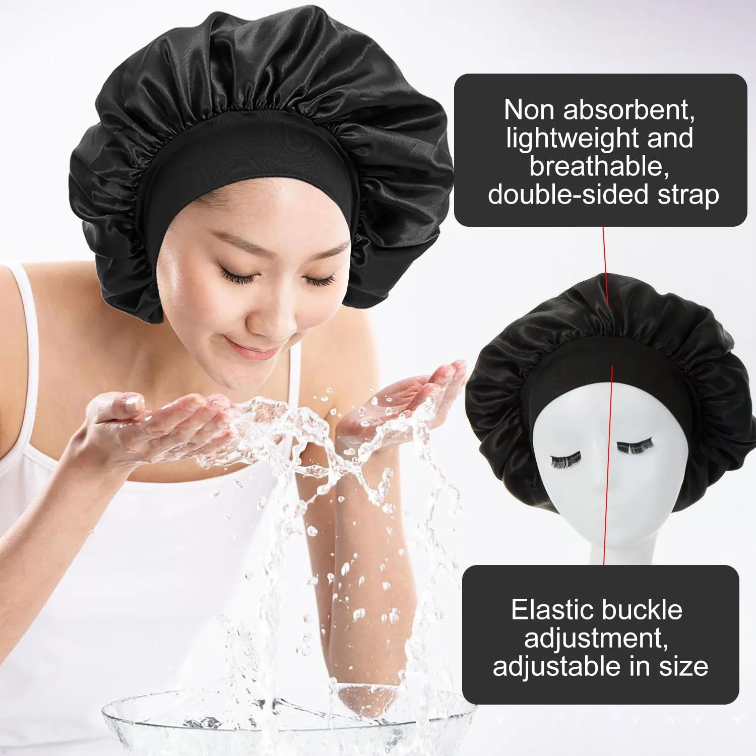 iLamvie Cuffia in Seta per Capelli Ricci, Berretto da Notte in Raso Elastico per Donna (2 Pezzi, Nero) - immagine 3