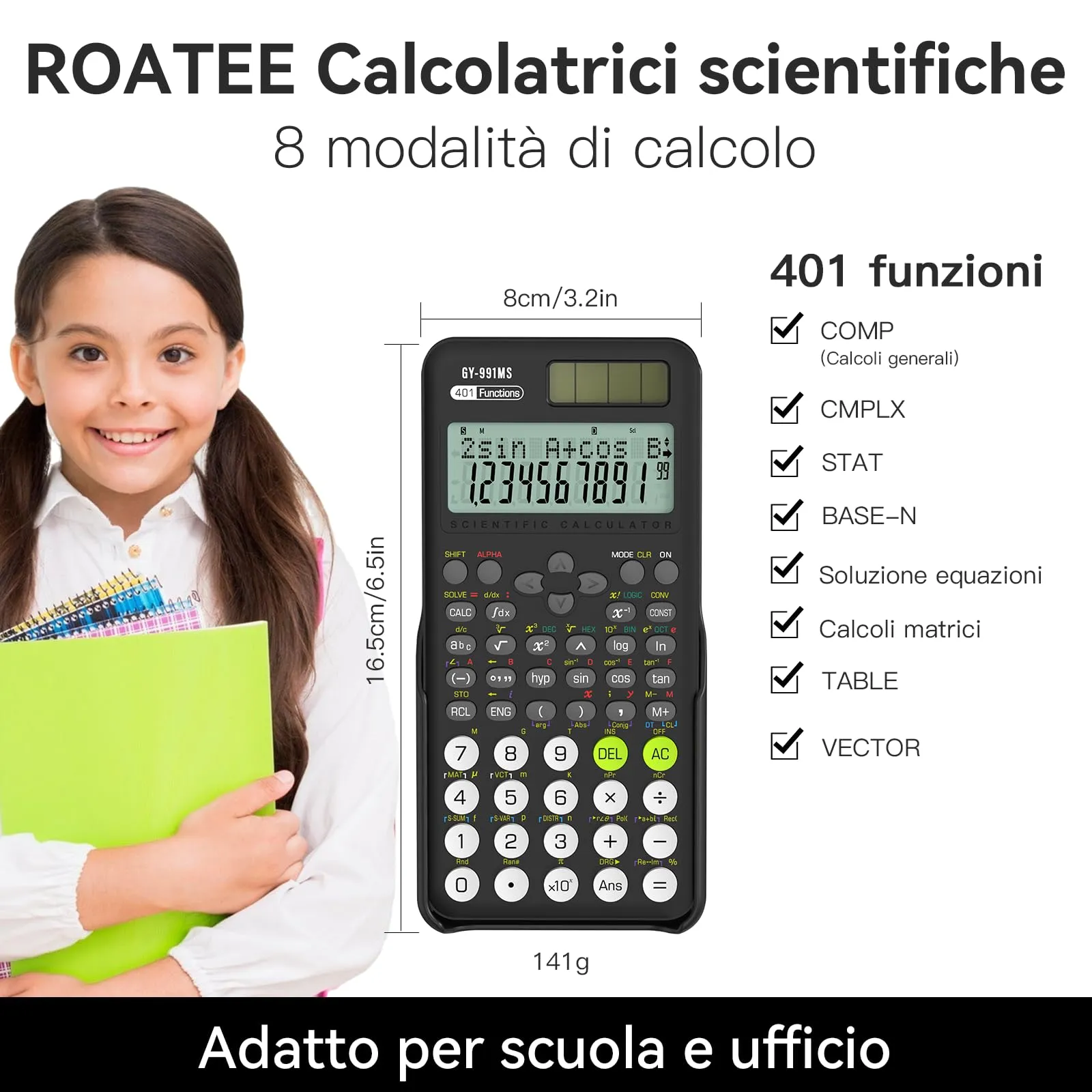 ROATEE 991MS Calcolatrice Scientifica 401 Funzioni con Display a 2 Righe e Doppia Alimentazione - immagine 2