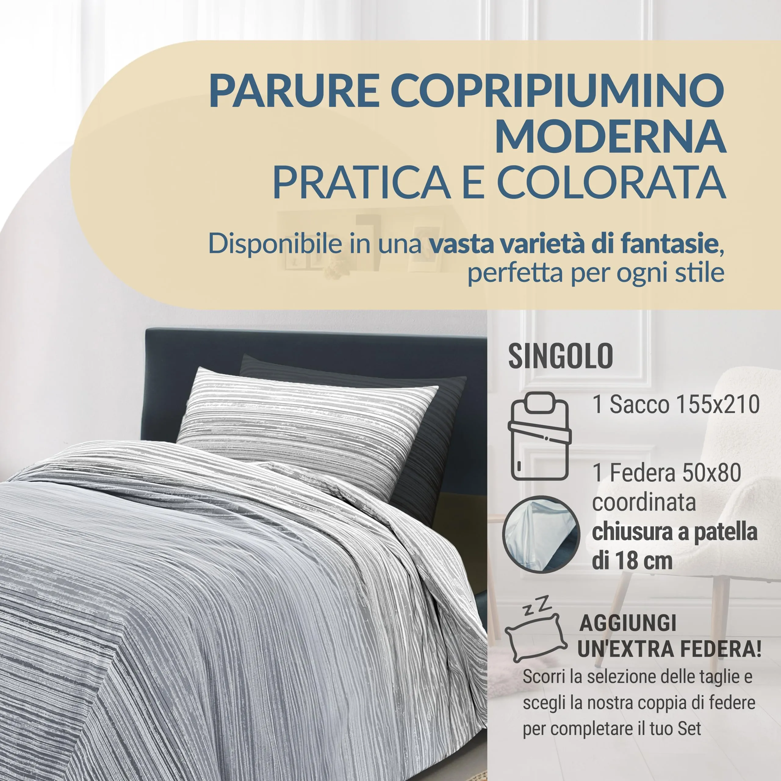 Dorian Home Copripiumino Singolo in Cotone 155x210 cm con Federa, Grigio Padel - immagine 2