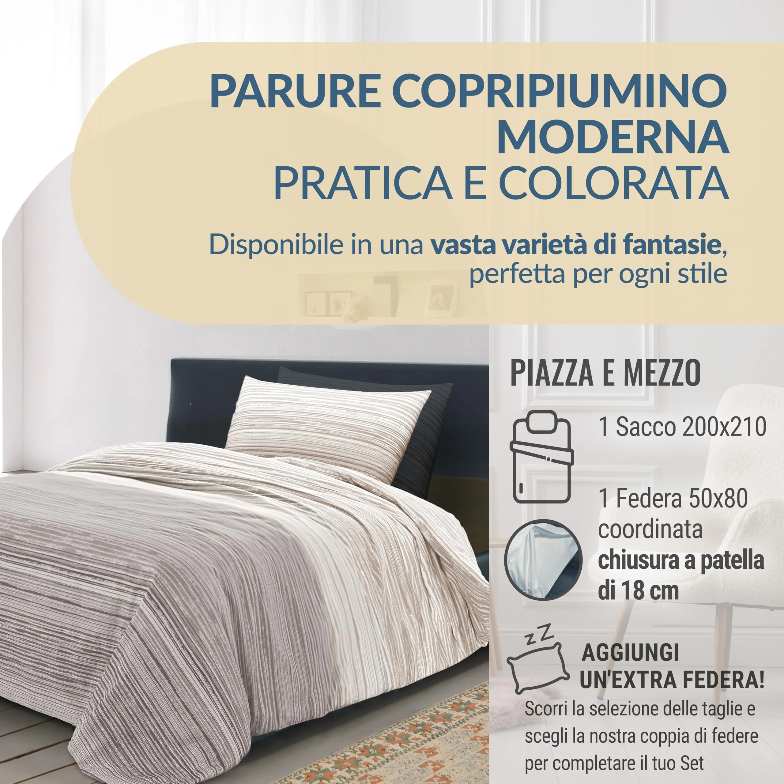 Dorian Home Set Copripiumino Una Piazza e Mezza 200x210 in Cotone con Federa, Padel Beige - immagine 2