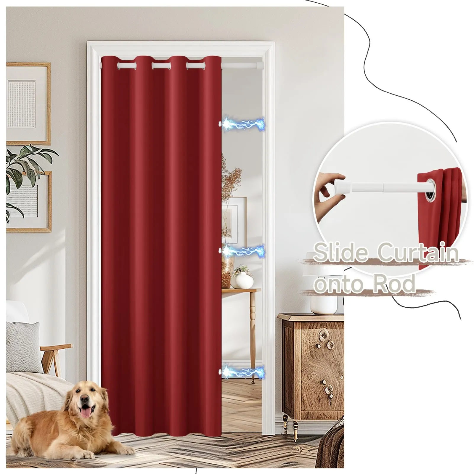 JCyh Tenda Oscurante per Porta Interna con Bastone, 132x195cm, Rosso Natale e Bianco - immagine 5