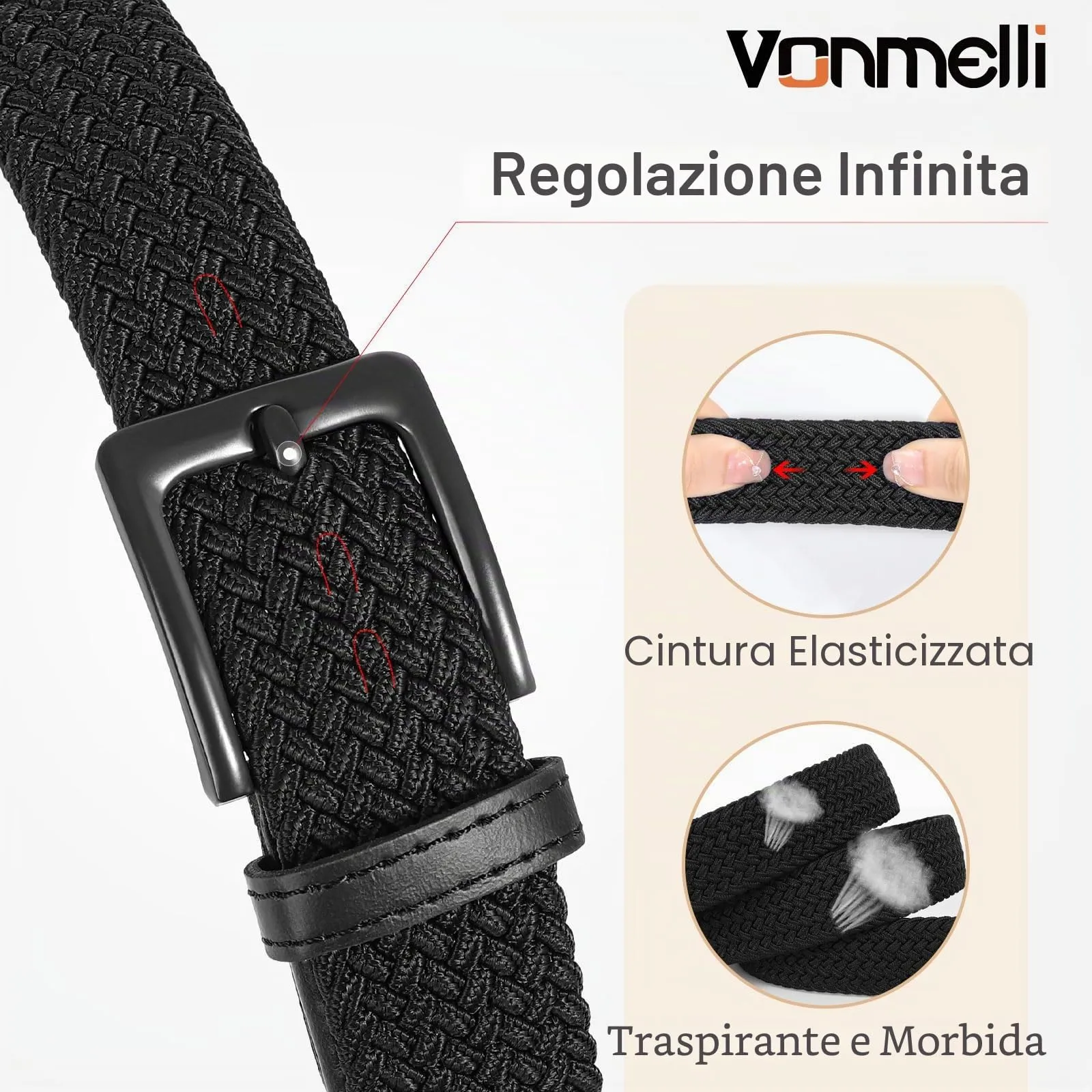 VONMELLI Cintura Elastica Intrecciata Uomo Regolabile Nero, XL - immagine 4