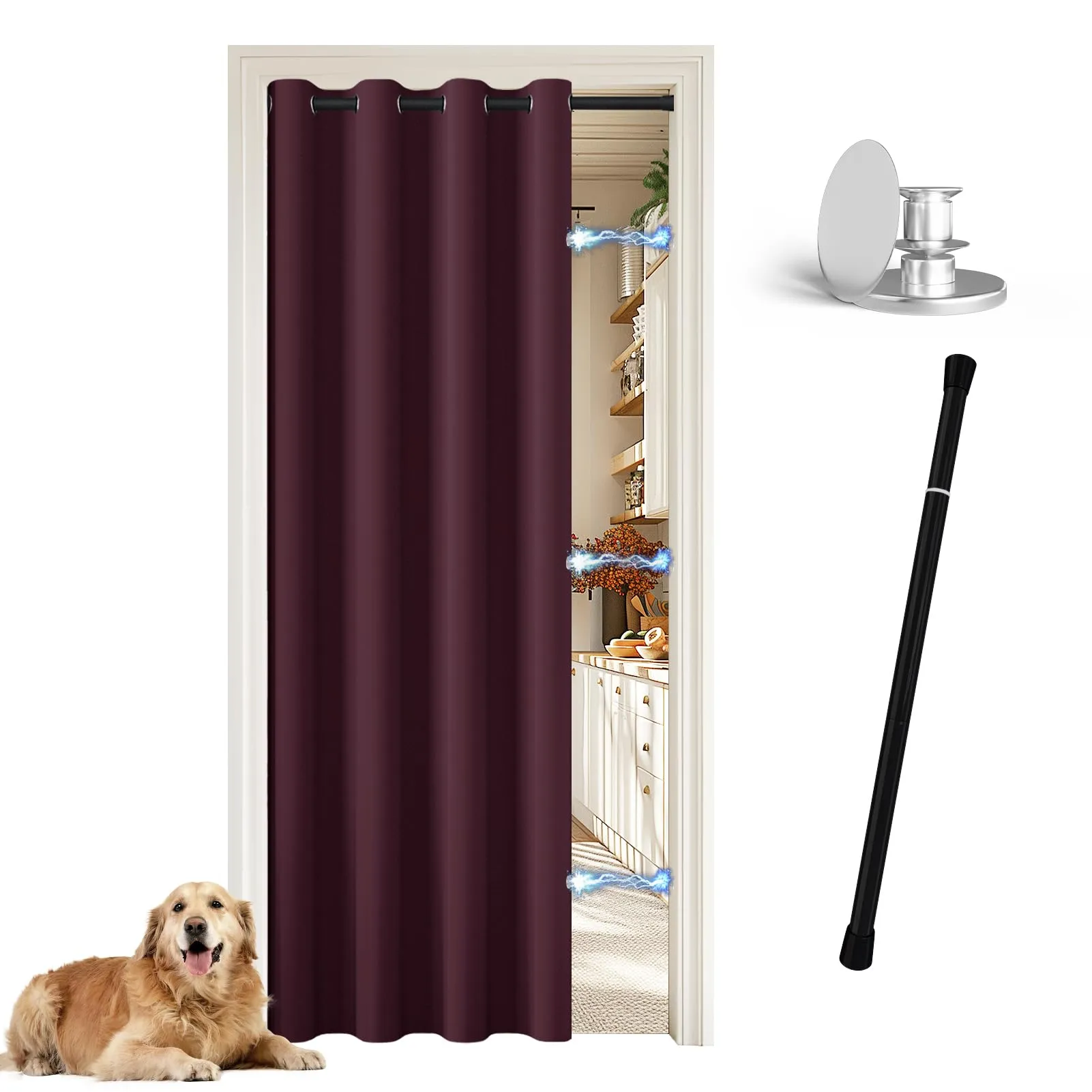 JCyh Tenda per Porta Interna con Bastone Telescopico, Oscurante, 132x200cm, Rosso Borgogna - immagine 1