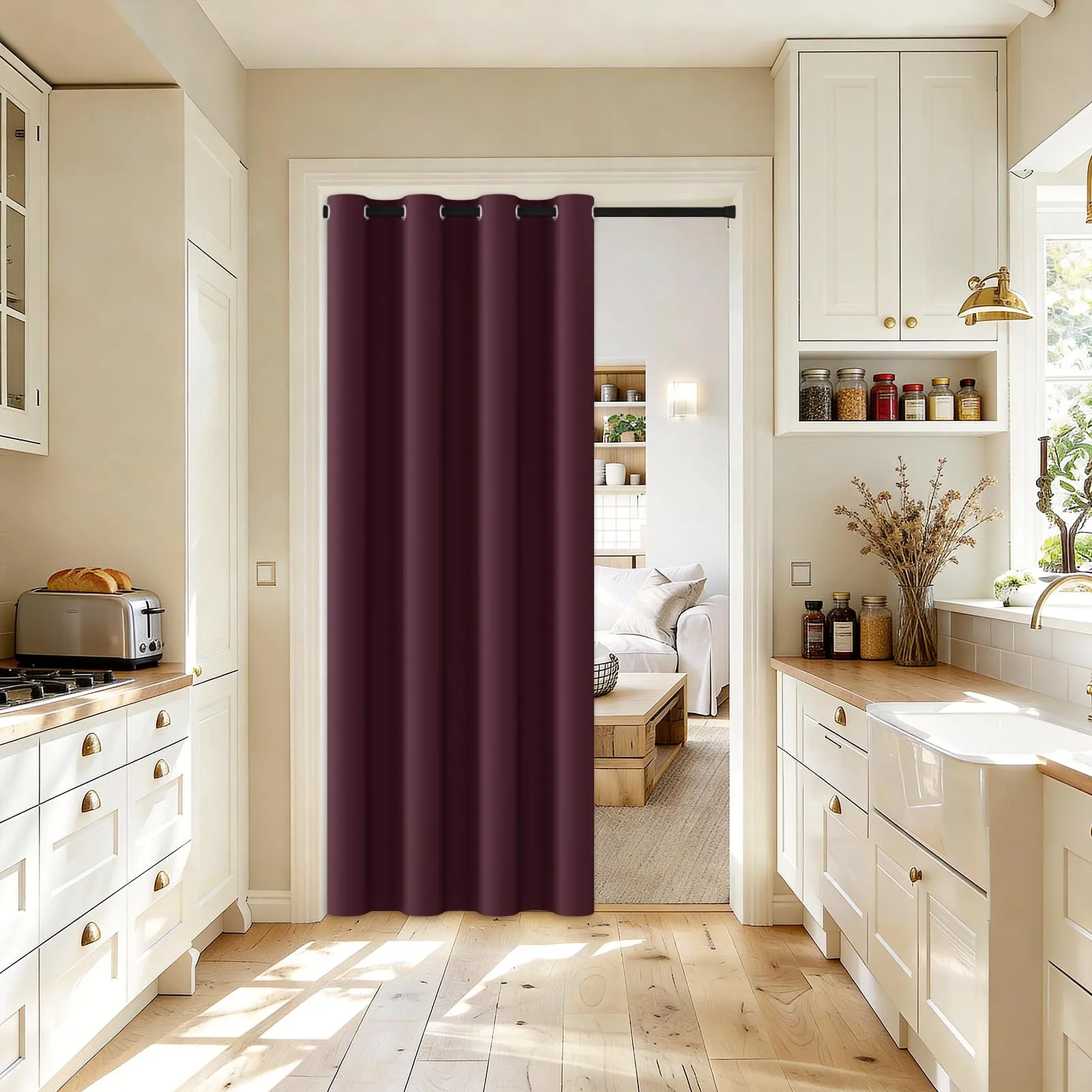 JCyh Tenda per Porta Interna con Bastone Telescopico, Oscurante, 132x200cm, Rosso Borgogna - immagine 6