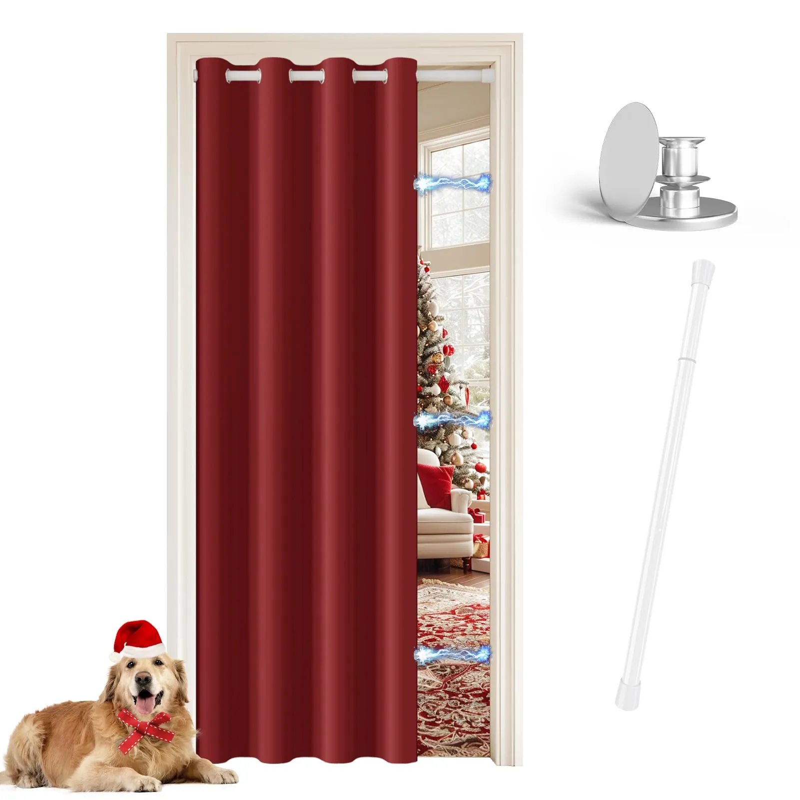 JCyh Tenda Porta Esterna con Bastone e Chiusura Magnetica, Tenda Termica 132x200cm, Rosso Natale - immagine 1