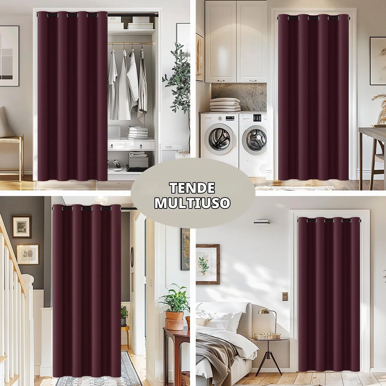 JCyh Tenda per Porta con Bastone e Chiusura Magnetica, Termica e Oscurante, 132x210cm, Rosso Borgogna - immagine 3