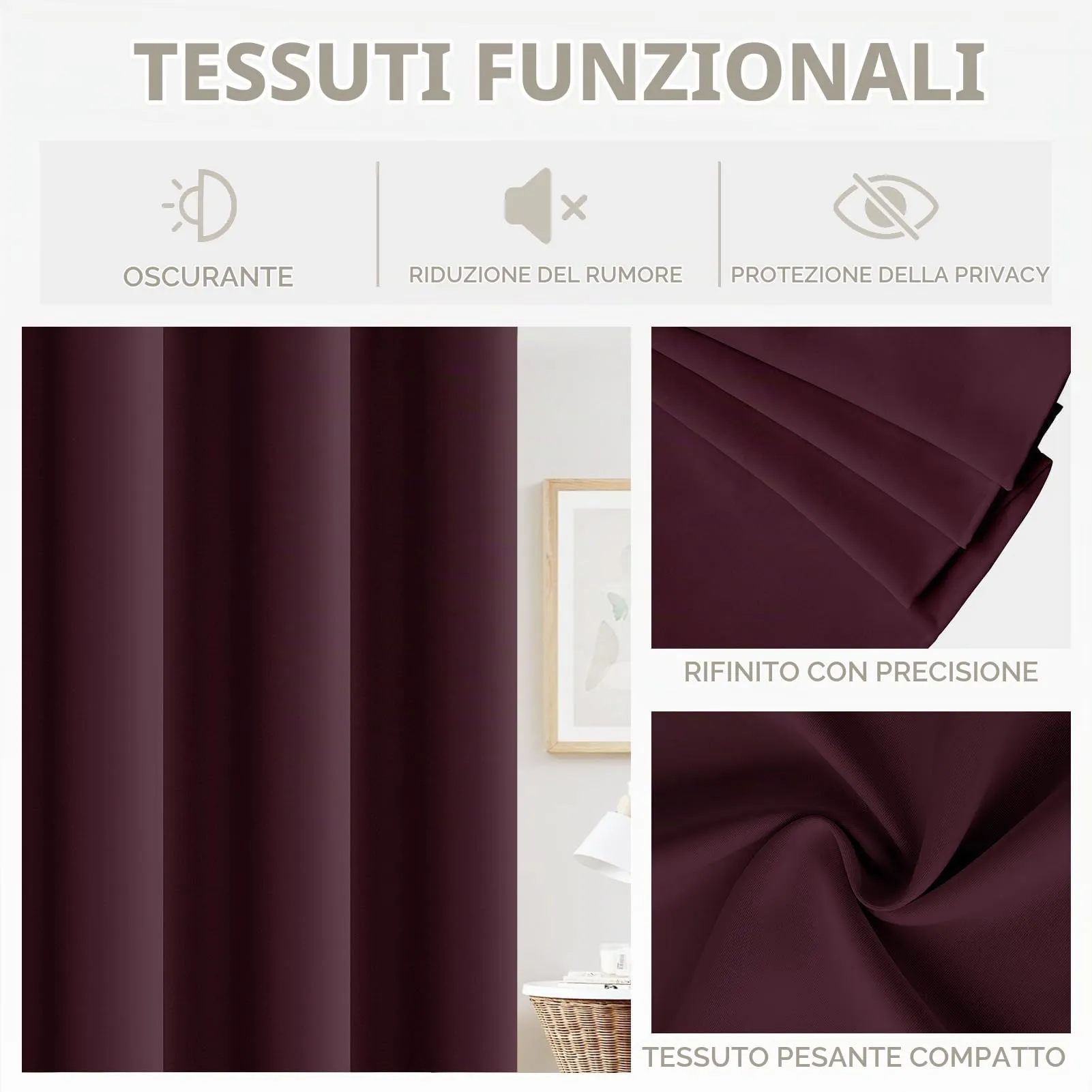 JCyh Tenda per Porta con Bastone e Chiusura Magnetica, Termica e Oscurante, 132x210cm, Rosso Borgogna - immagine 4