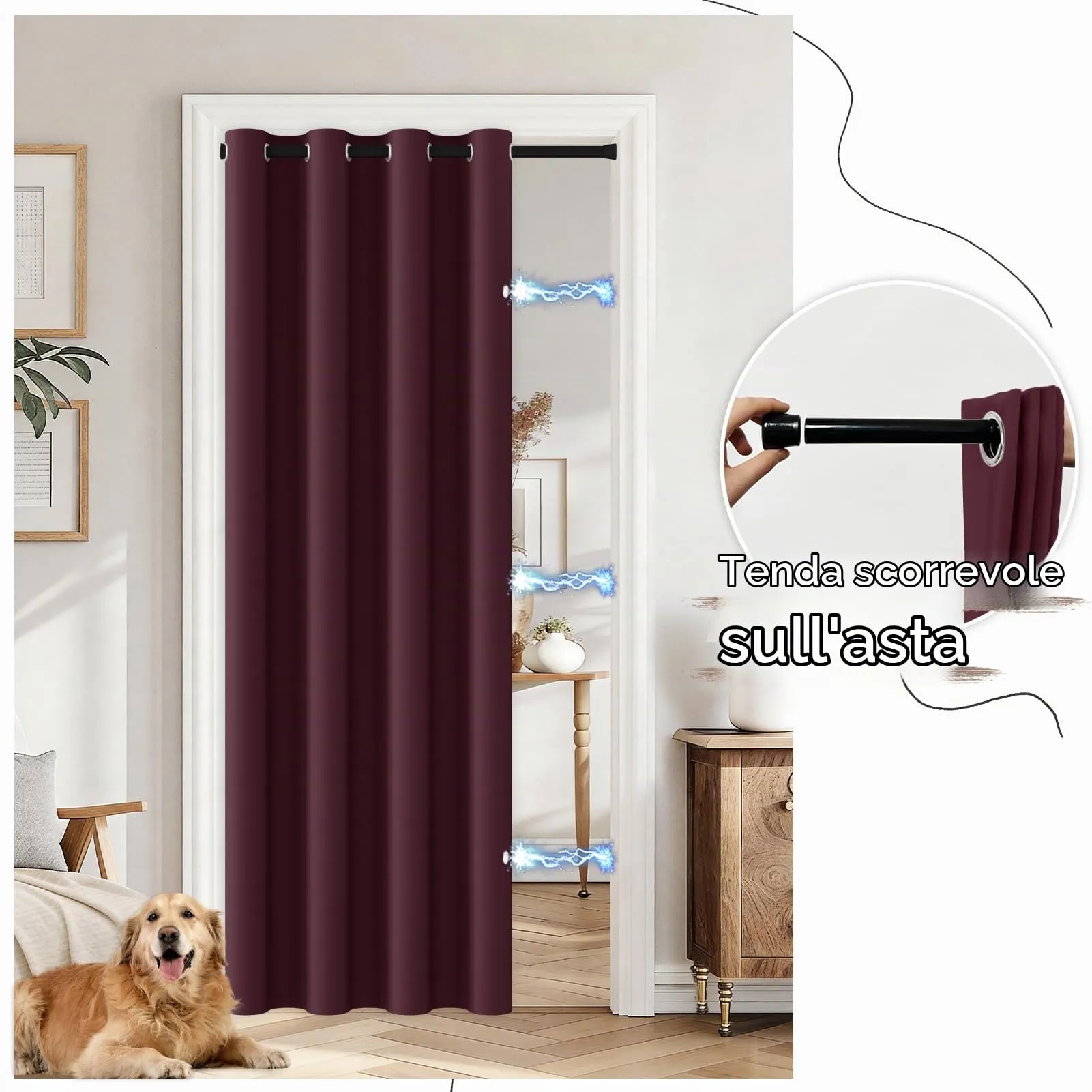 JCyh Tenda per Porta con Bastone e Chiusura Magnetica, Termica e Oscurante, 132x210cm, Rosso Borgogna - immagine 5