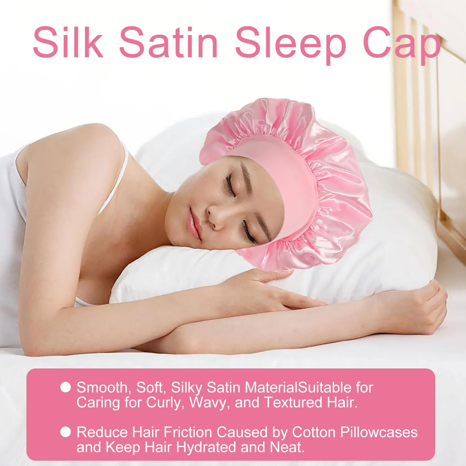 iLamvie Cuffia in Seta per Capelli Ricci, Berretto da Notte in Raso Elastico (Rosa) - immagine 4