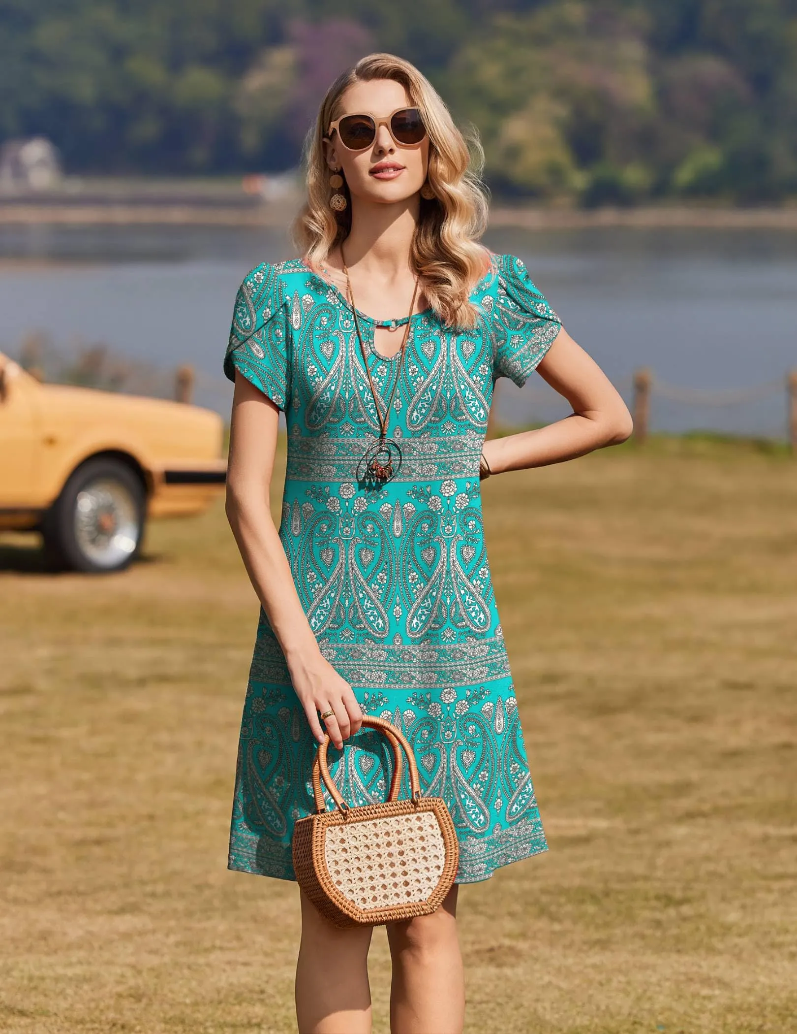 Zeagoo Abito casual da donna floreale a maniche corte con tasche, L - immagine 3