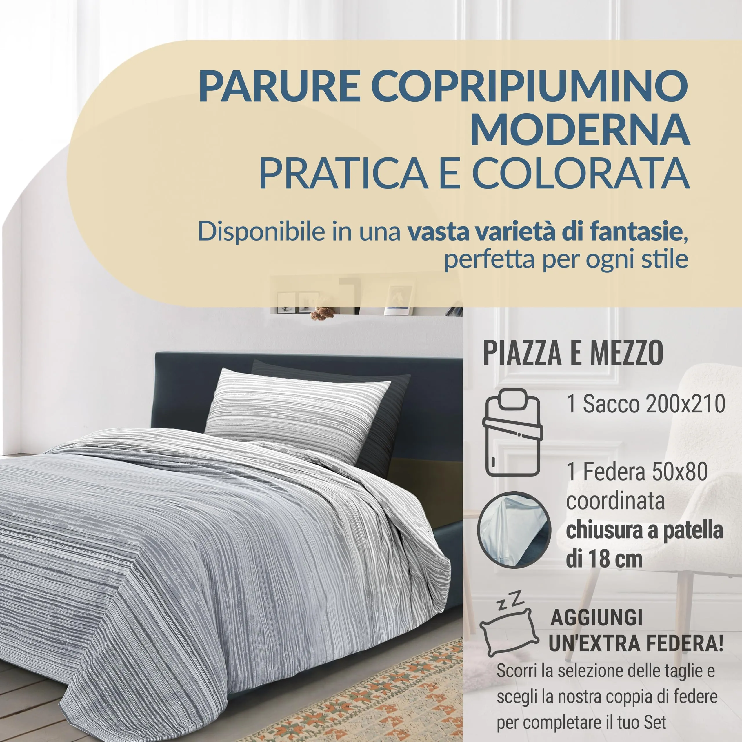Dorian Home Set Copripiumino Una Piazza e Mezza in Cotone 200x210 cm con Federa, Padel Grigio - immagine 2