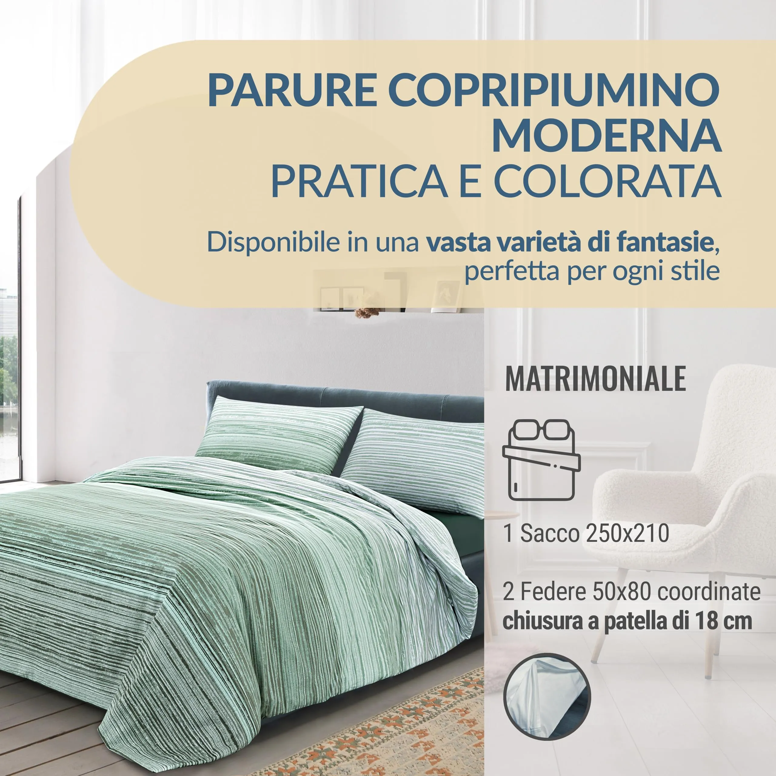Dorian Home Copripiumino Matrimoniale in Cotone 250x210 cm con 2 Federe, Padel Verde - immagine 2