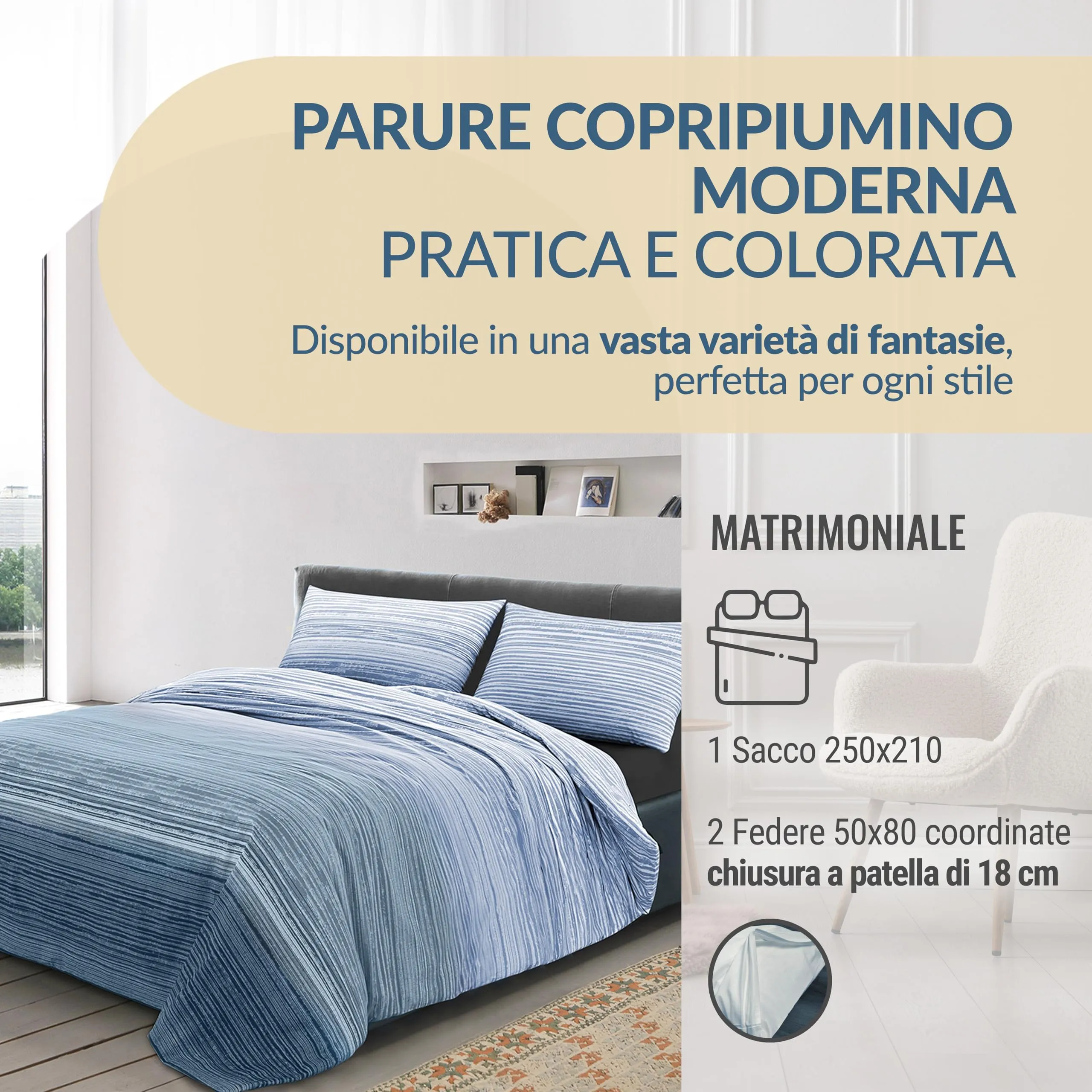 Dorian Home Copripiumino Matrimoniale in Cotone 250x210 cm con 2 Federe, Padel Blu - immagine 2