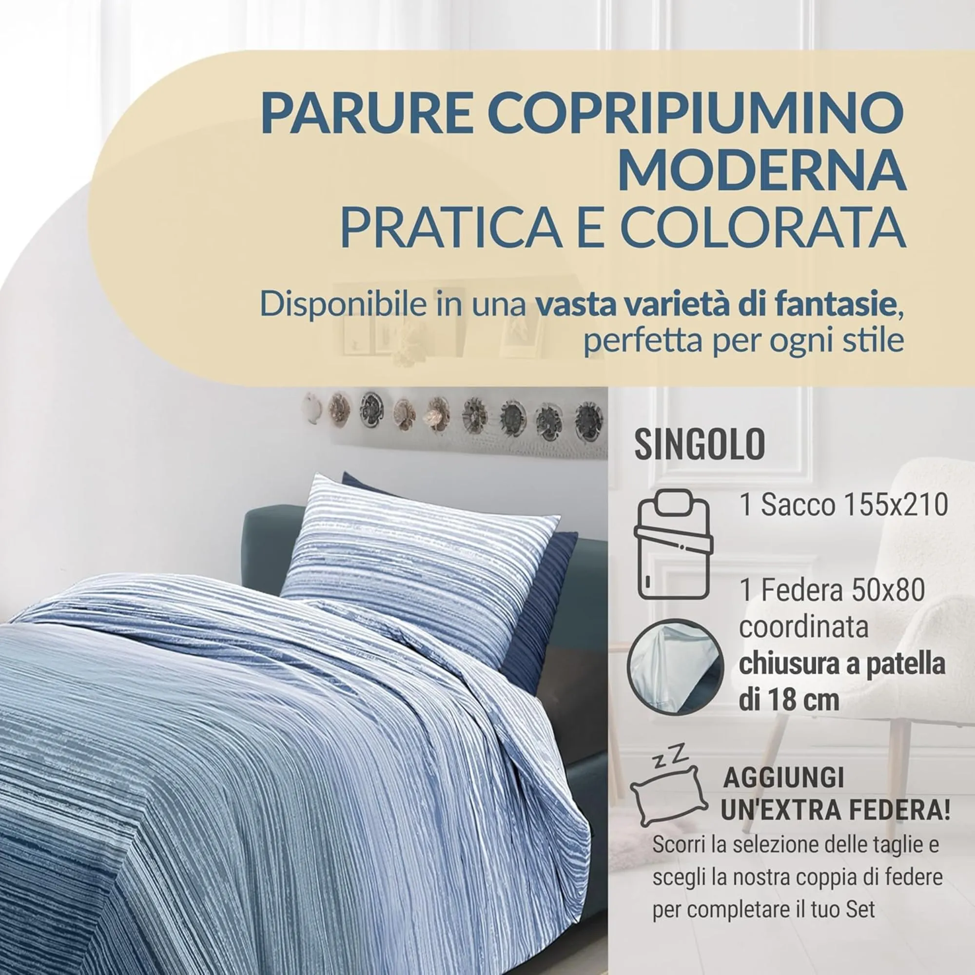 Dorian Home Copripiumino Singolo in Cotone 155x210 cm con Federa, Padel Blu - immagine 2