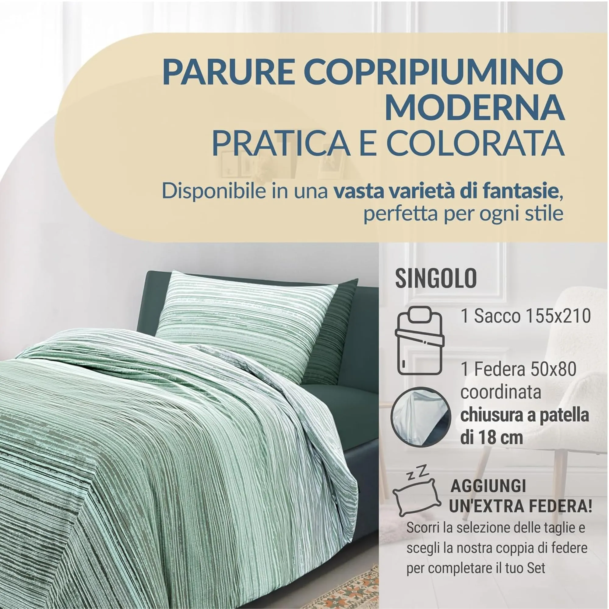 Dorian Home Copripiumino Singolo in Cotone 155x210 cm con Federa, Padel Verde - immagine 2