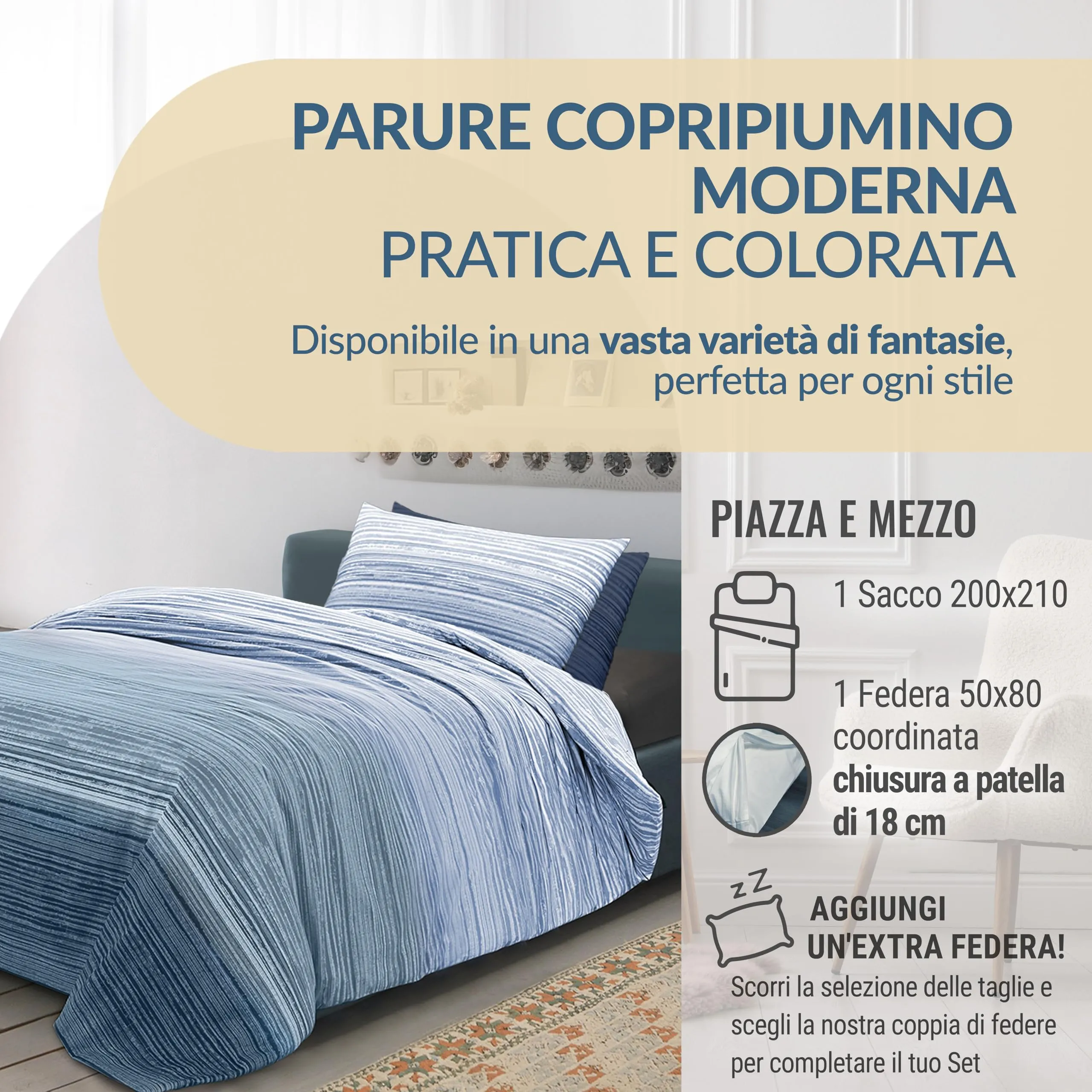 Dorian Home Copripiumino Una Piazza e Mezza in Cotone 200x210 con Federa, Padel Blu - immagine 2
