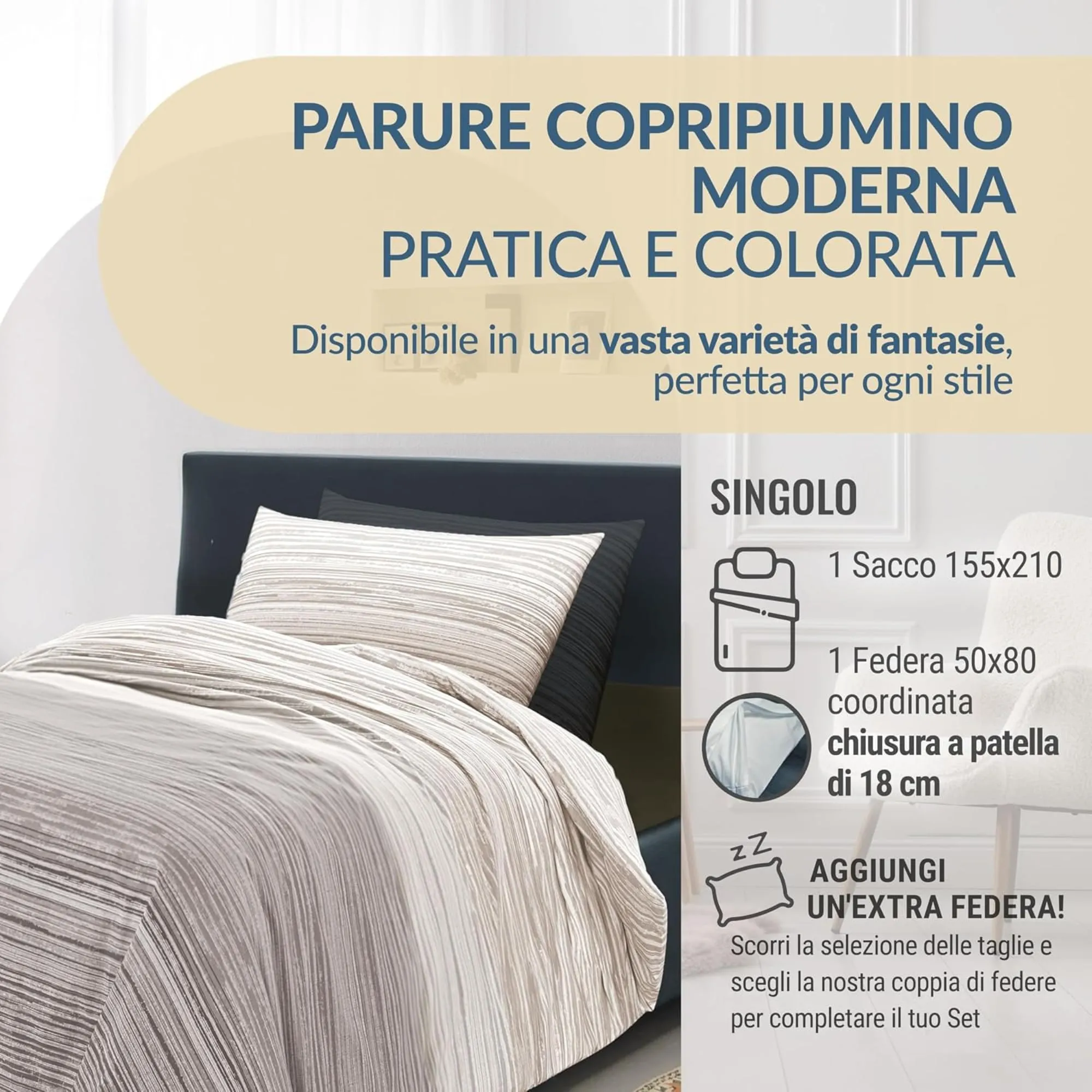 Dorian Home Copripiumino Singolo in Cotone 155x210 cm con Federa, Padel Beige - immagine 2