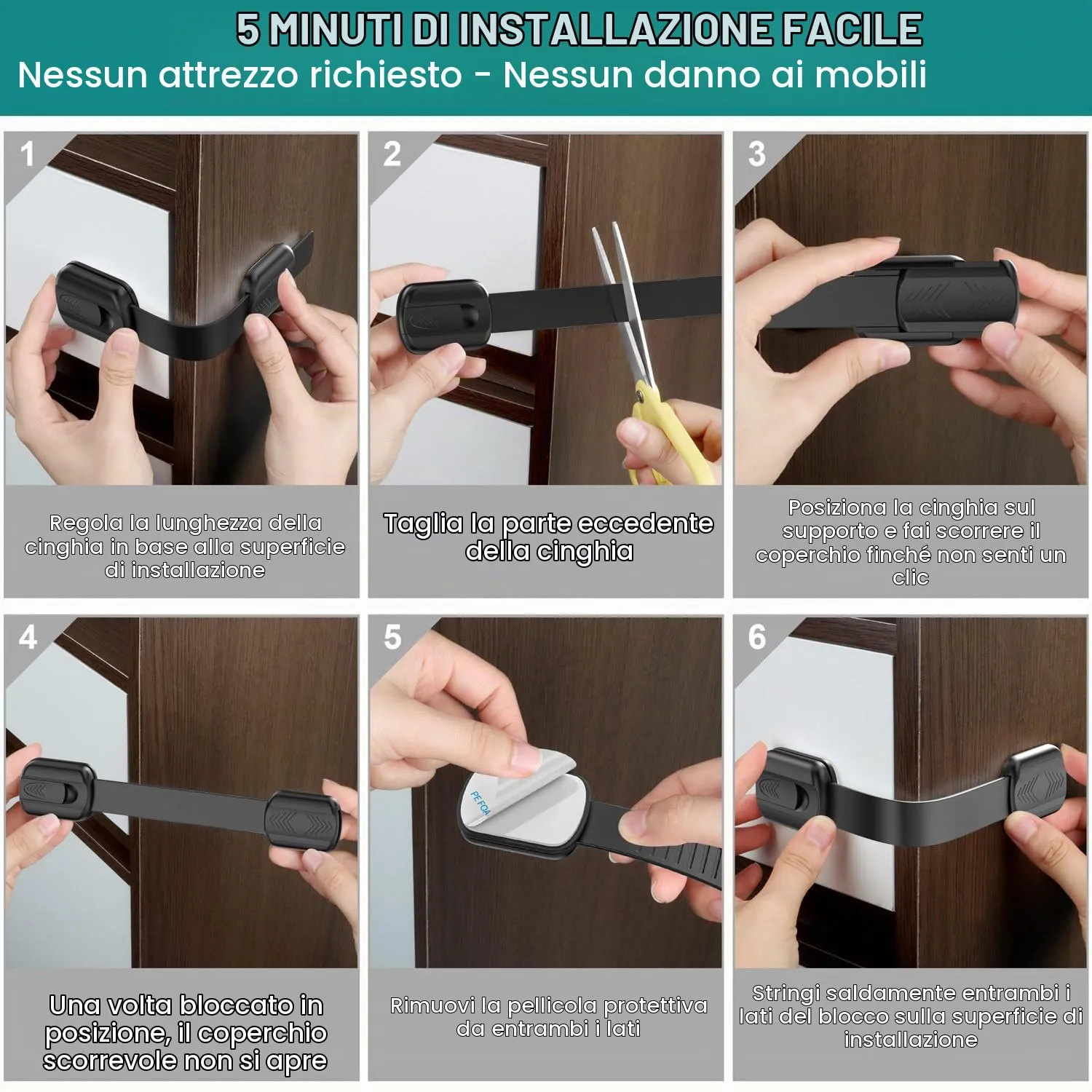 Kimsky Kit 10 Chiusure di Sicurezza per Bambini per Armadietti e Cassetti, Nero - immagine 7