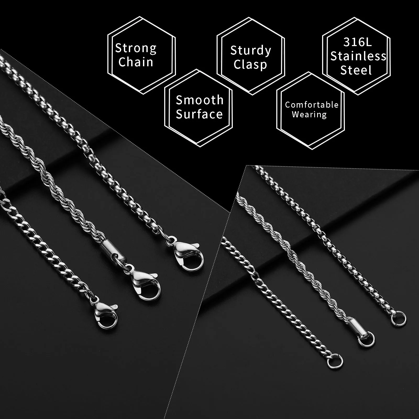 Esmoly Set 3 Collane Uomo Cuban Chain in Acciaio Inossidabile (Argento, 50cm/3mm) - immagine 4