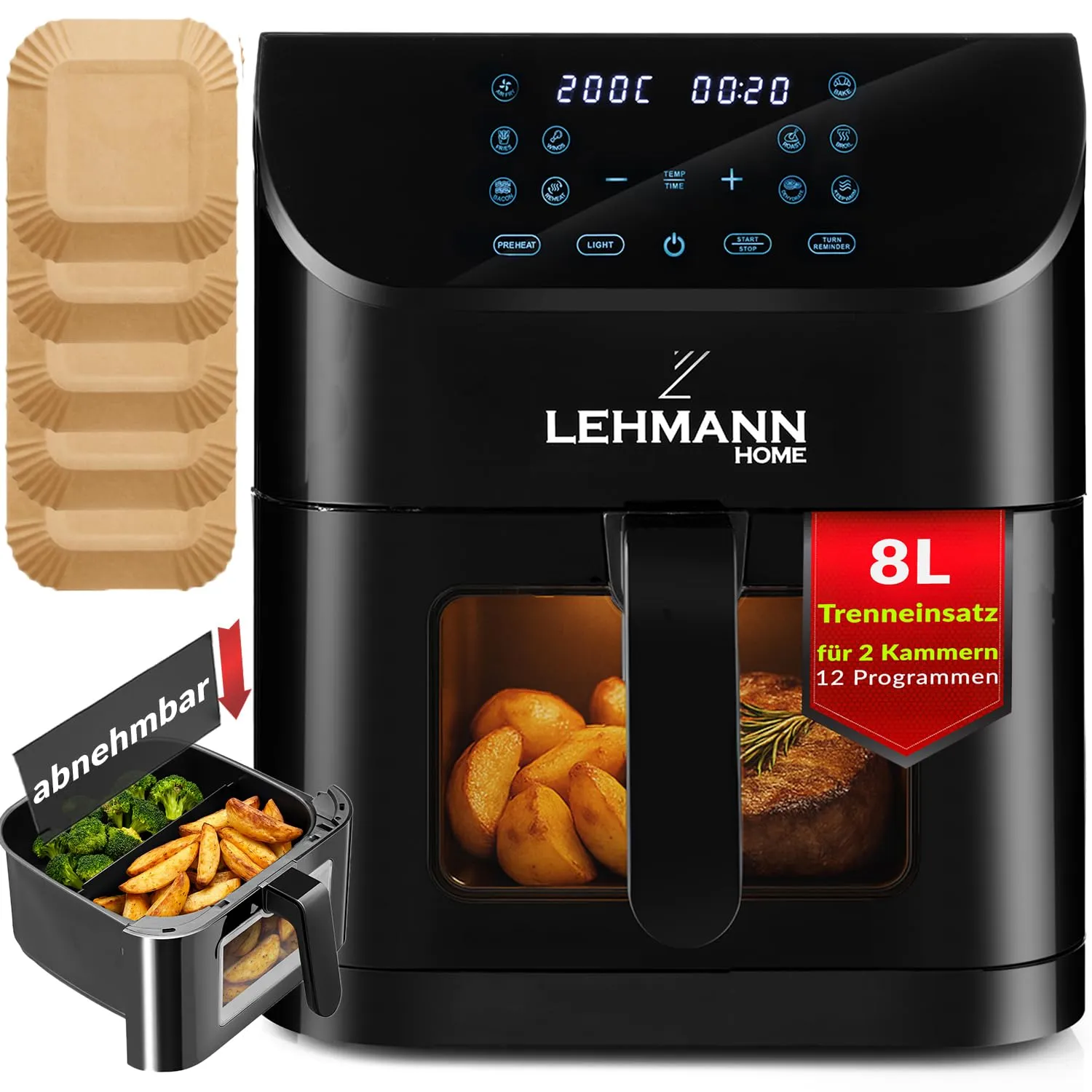 LEHMANN Friggitrice ad Aria 8L XXL con Inserto Divisorio, Finestra di Visualizzazione, 12 Programmi, 76–200°C, Nero - immagine 1
