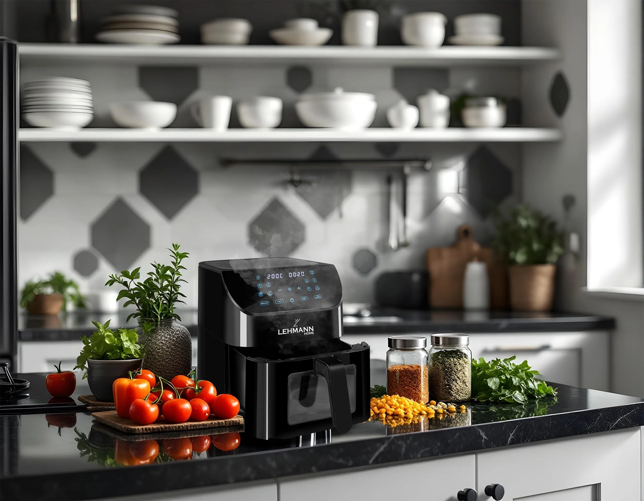 LEHMANN Friggitrice ad Aria 8L XXL con Inserto Divisorio, Finestra di Visualizzazione, 12 Programmi, 76–200°C, Nero - immagine 2