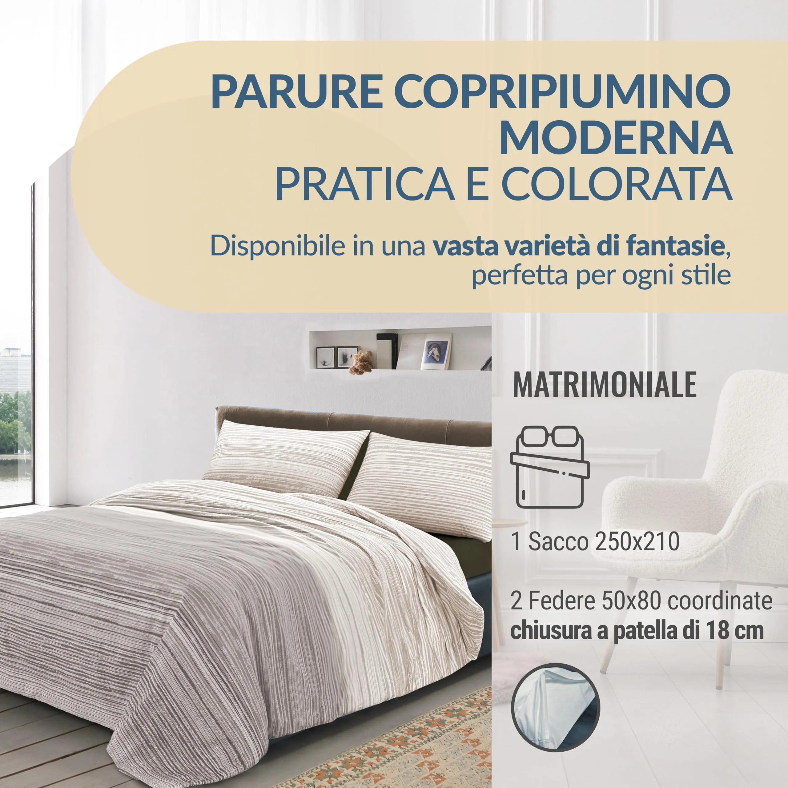 Dorian Home Copripiumino Matrimoniale in Cotone 250x210 cm con 2 Federe, Padel Beige - immagine 2