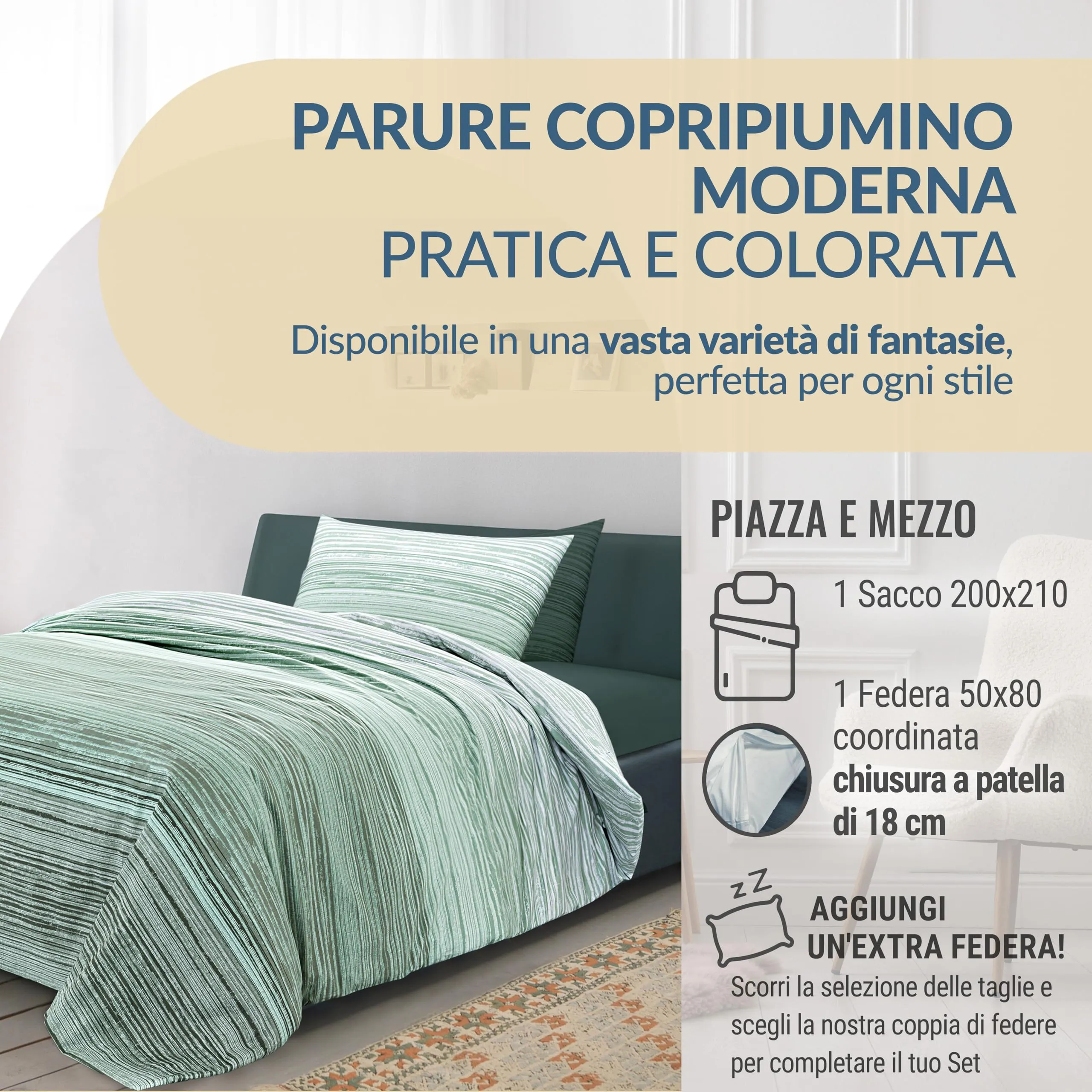 Dorian Home Set Copripiumino Una Piazza e Mezza 200x210 cm in Cotone con Federa, Padel Verde - immagine 2