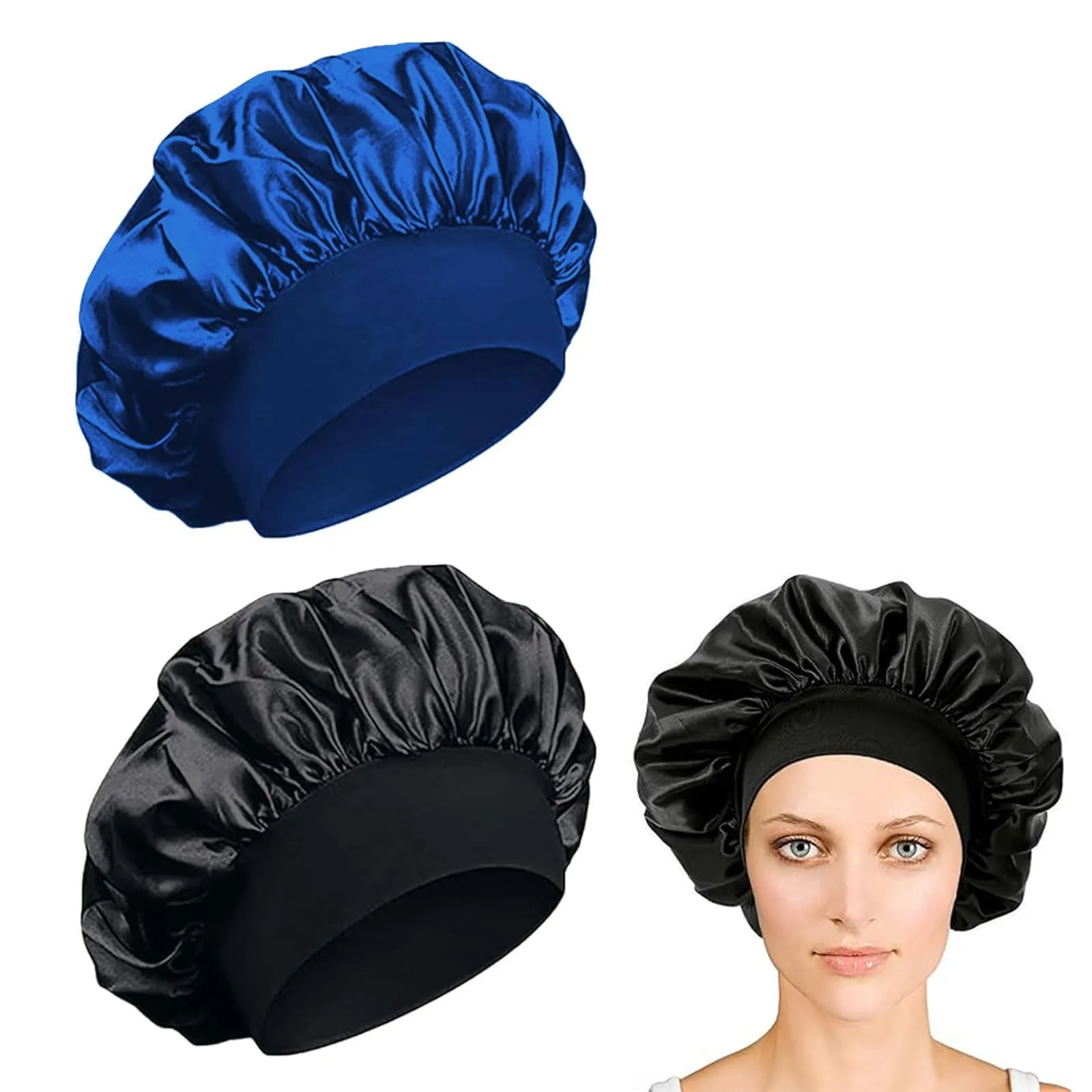 iLamvie Cuffia in Raso per Capelli, Berretto da Notte Elastico per Donna (Nero+Blu), 2 Pezzi - immagine 1