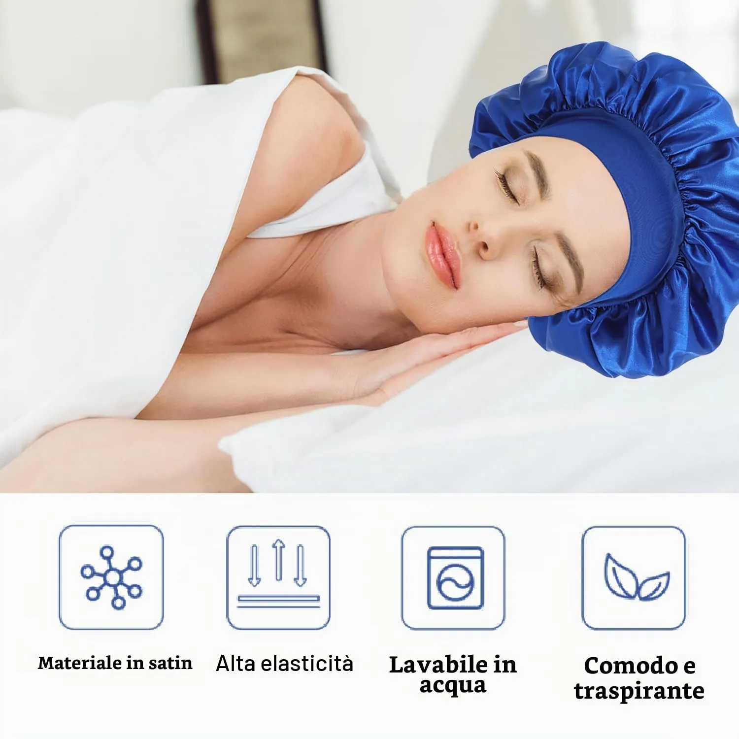 iLamvie Cuffia in Raso per Capelli, Berretto da Notte Elastico per Donna (Nero+Blu), 2 Pezzi - immagine 2