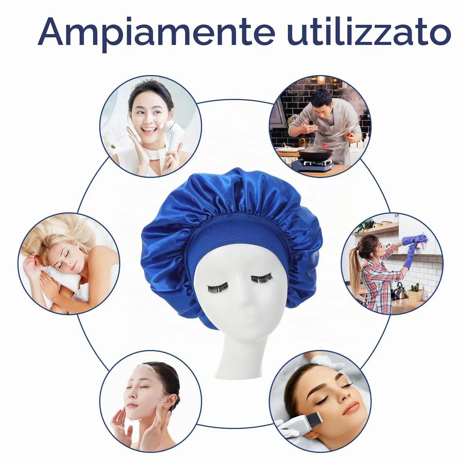 iLamvie Cuffia in Raso per Capelli, Berretto da Notte Elastico per Donna (Nero+Blu), 2 Pezzi - immagine 6