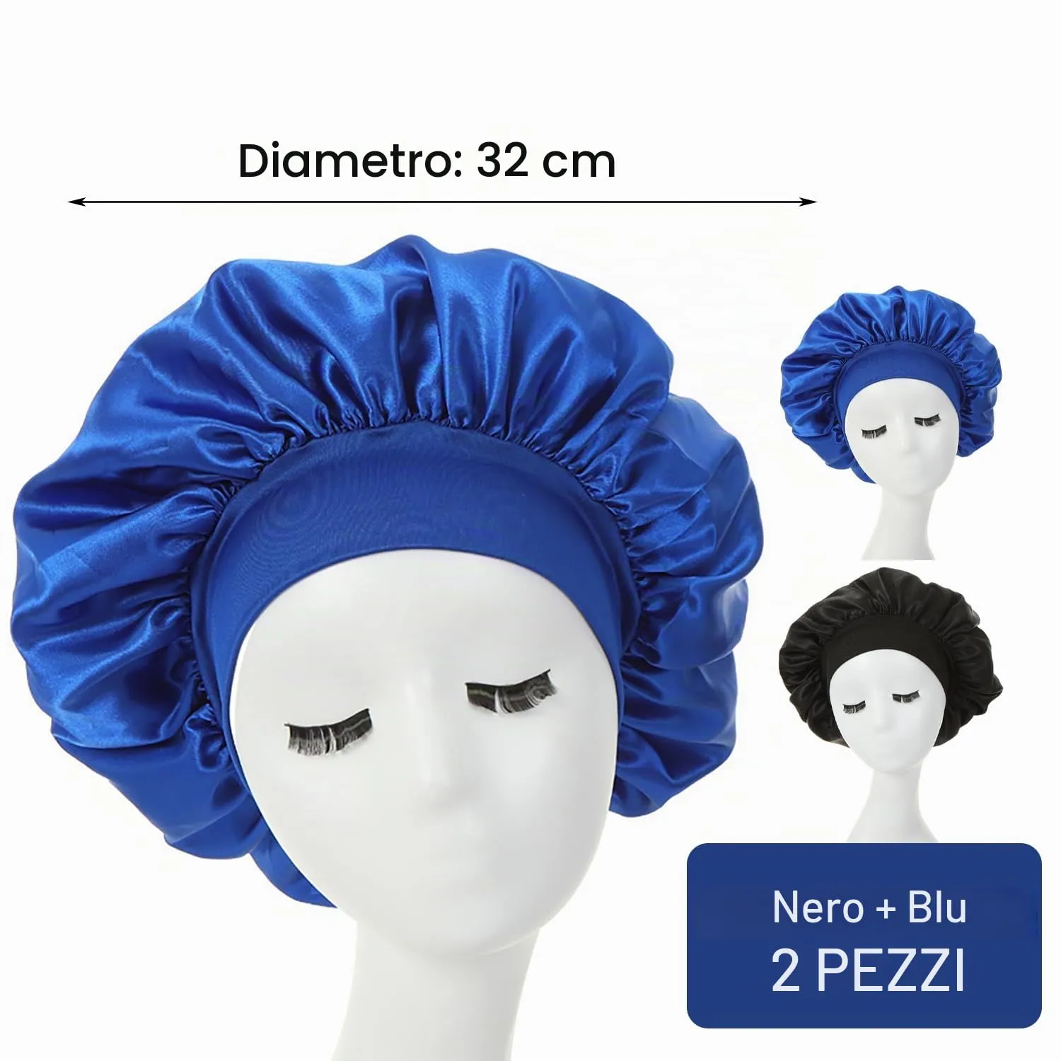 iLamvie Cuffia in Raso per Capelli, Berretto da Notte Elastico per Donna (Nero+Blu), 2 Pezzi - immagine 7