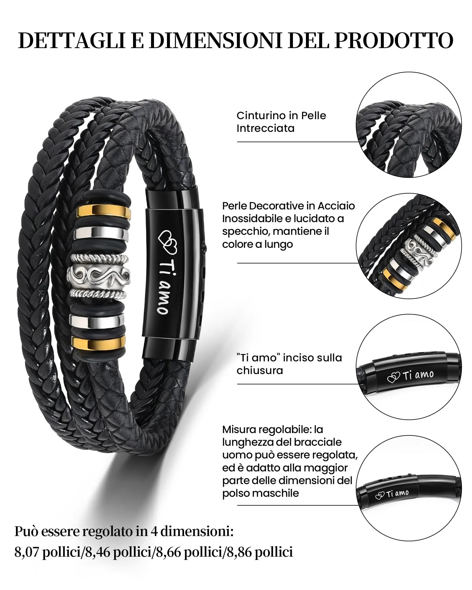 Cheerslife Bracciale Uomo in Pelle e Acciaio Inossidabile 3 Strati, 20.5-22.5 cm - immagine 3