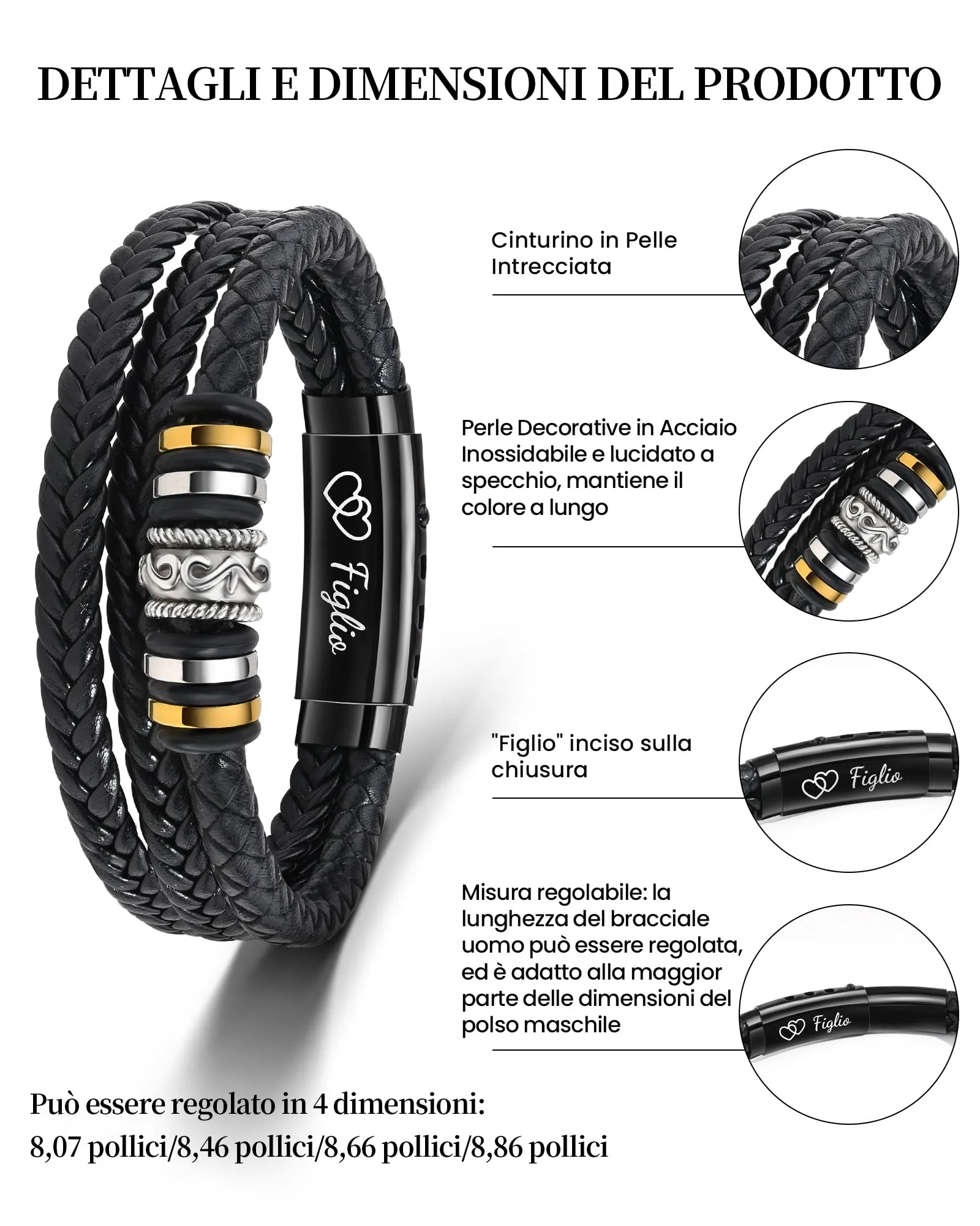 Cheerslife Bracciale in Pelle e Acciaio Inossidabile per Figlio - immagine 3