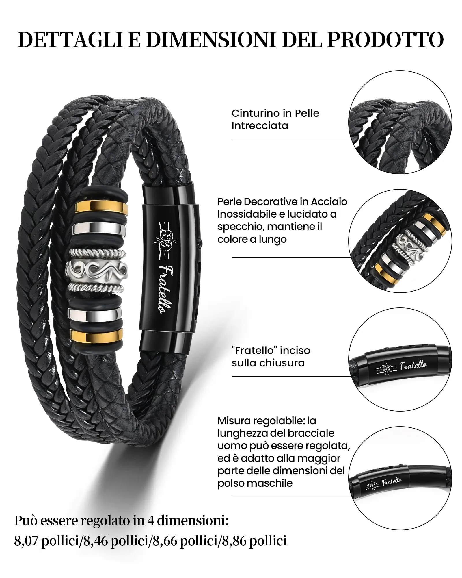Cheerslife Bracciale Fratello in Pelle e Acciaio Inossidabile, 20.5-22.5 cm - immagine 3