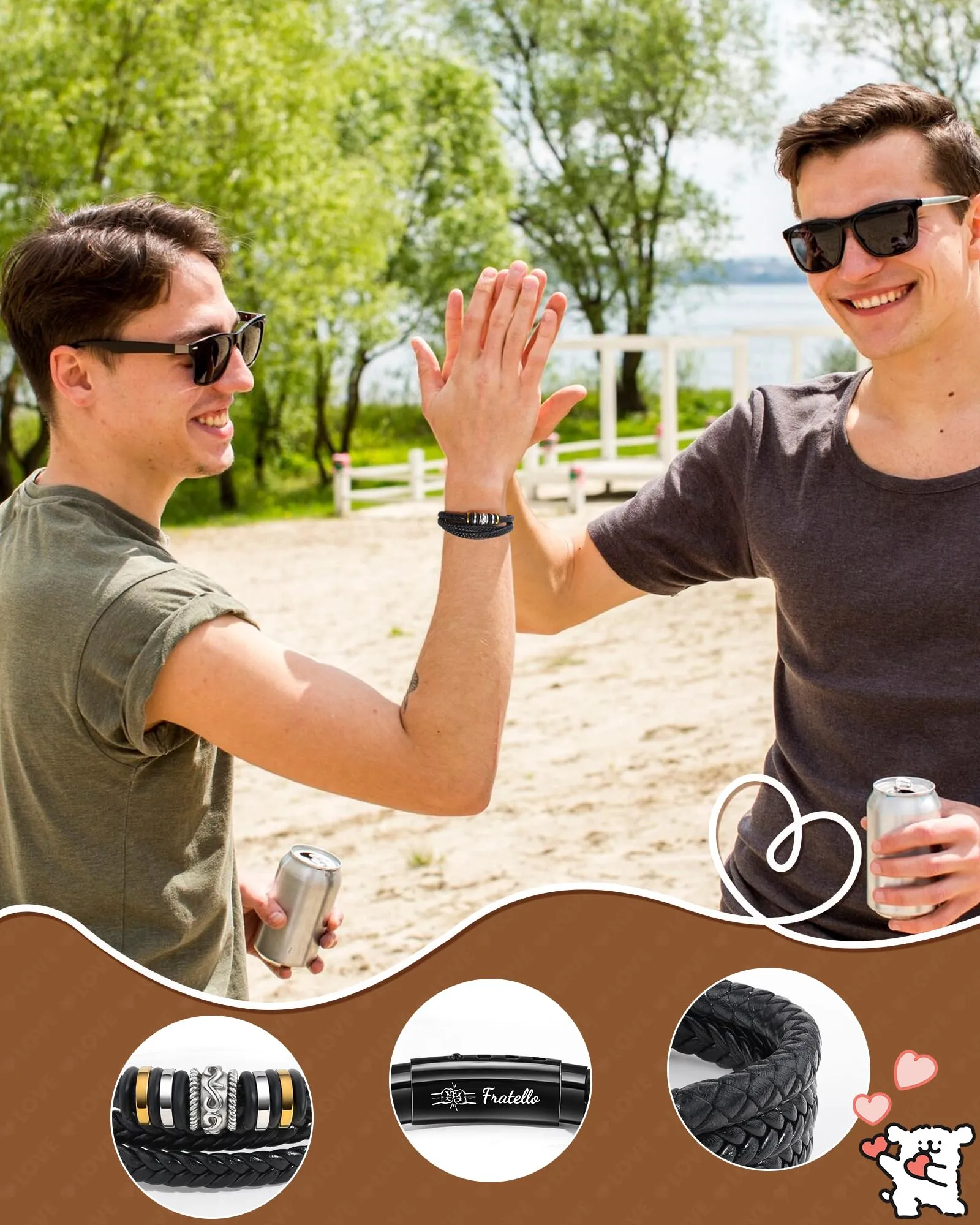 Cheerslife Bracciale Fratello in Pelle e Acciaio Inossidabile, 20.5-22.5 cm - immagine 5