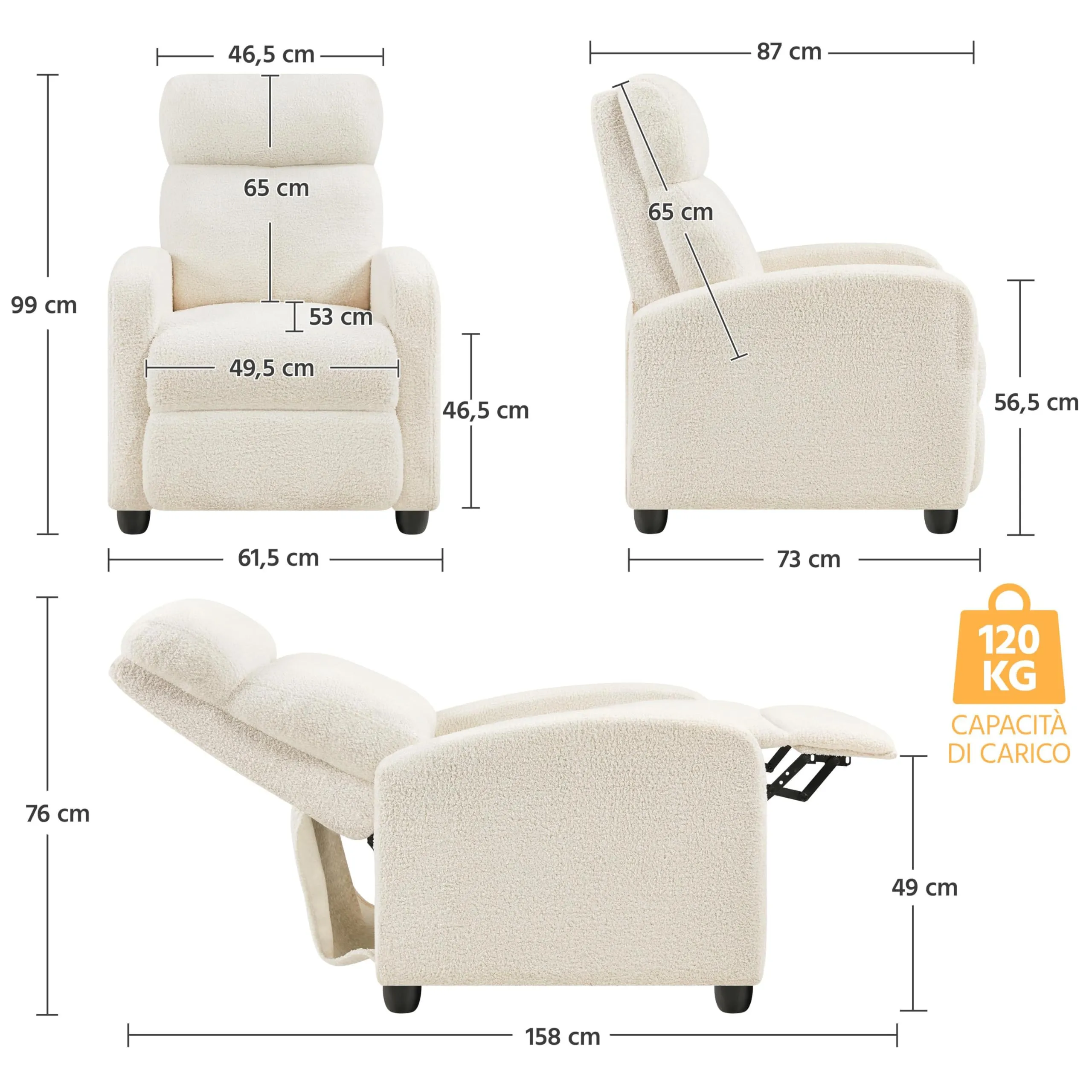 Yaheetech Poltrona Relax Reclinabile con Poggiapiedi, Tessuto Bouclé, Avorio - immagine 3