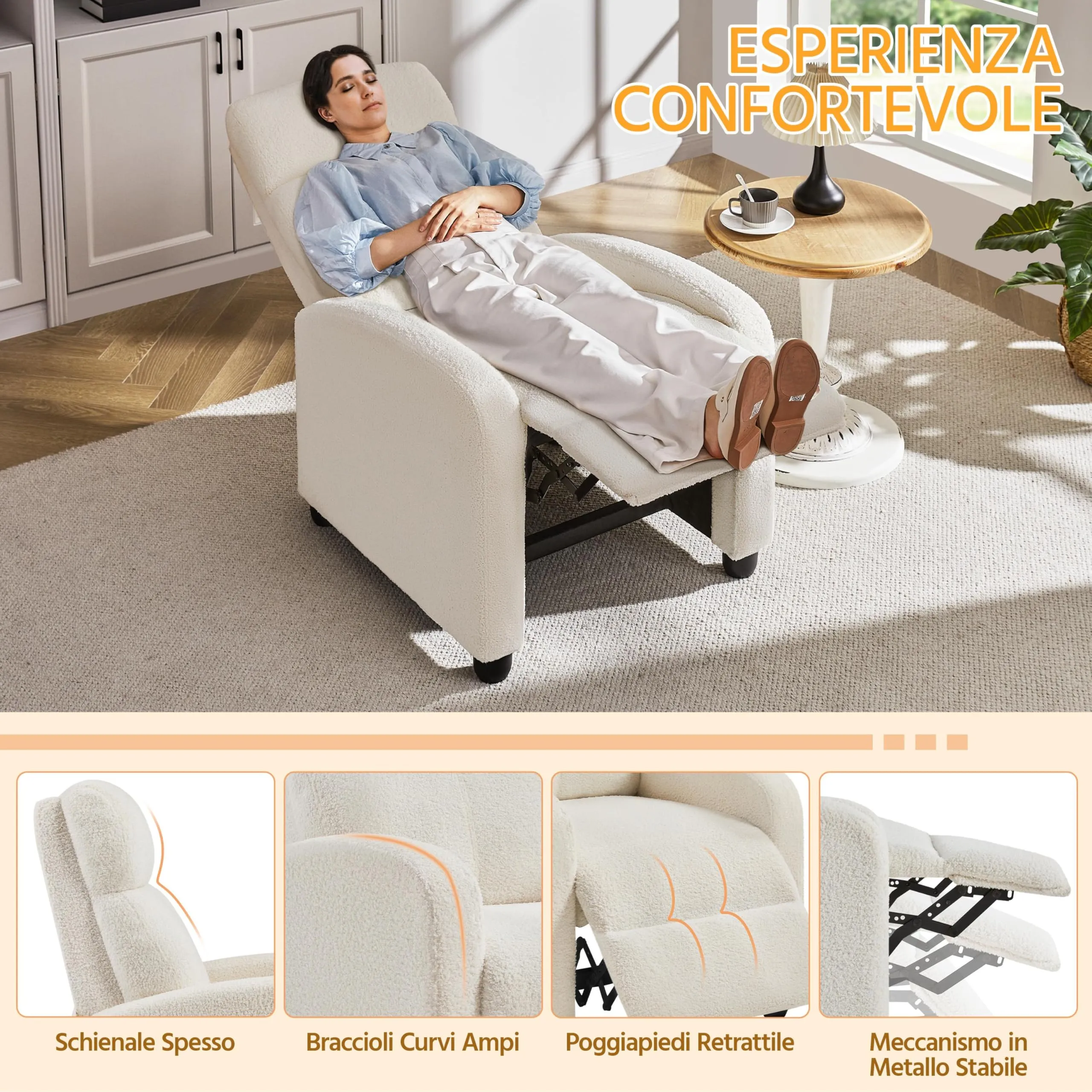 Yaheetech Poltrona Relax Reclinabile con Poggiapiedi, Tessuto Bouclé, Avorio - immagine 4