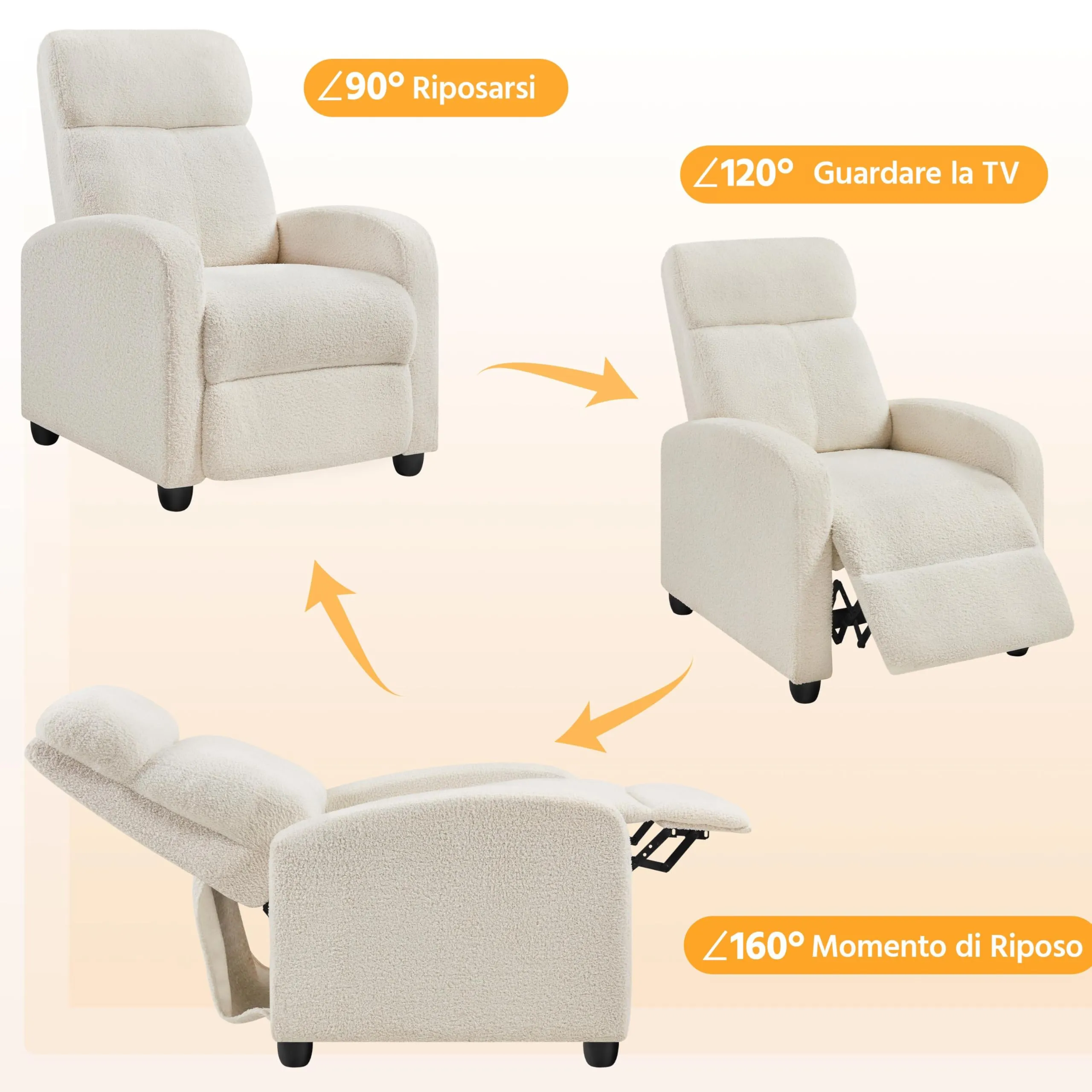 Yaheetech Poltrona Relax Reclinabile con Poggiapiedi, Tessuto Bouclé, Avorio - immagine 6