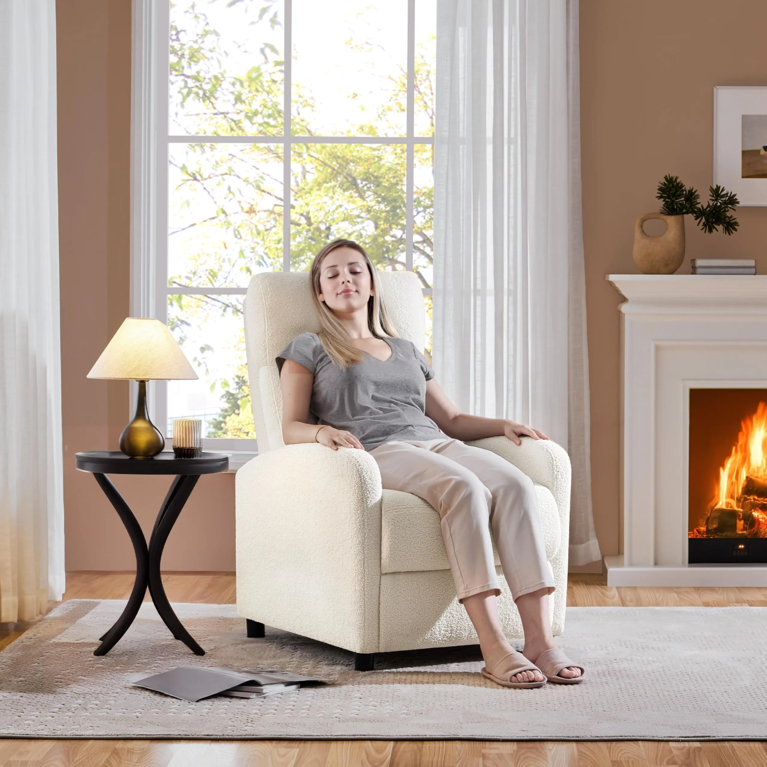 Yaheetech Poltrona Relax Reclinabile con Poggiapiedi, Tessuto Bouclé, Avorio - immagine 8