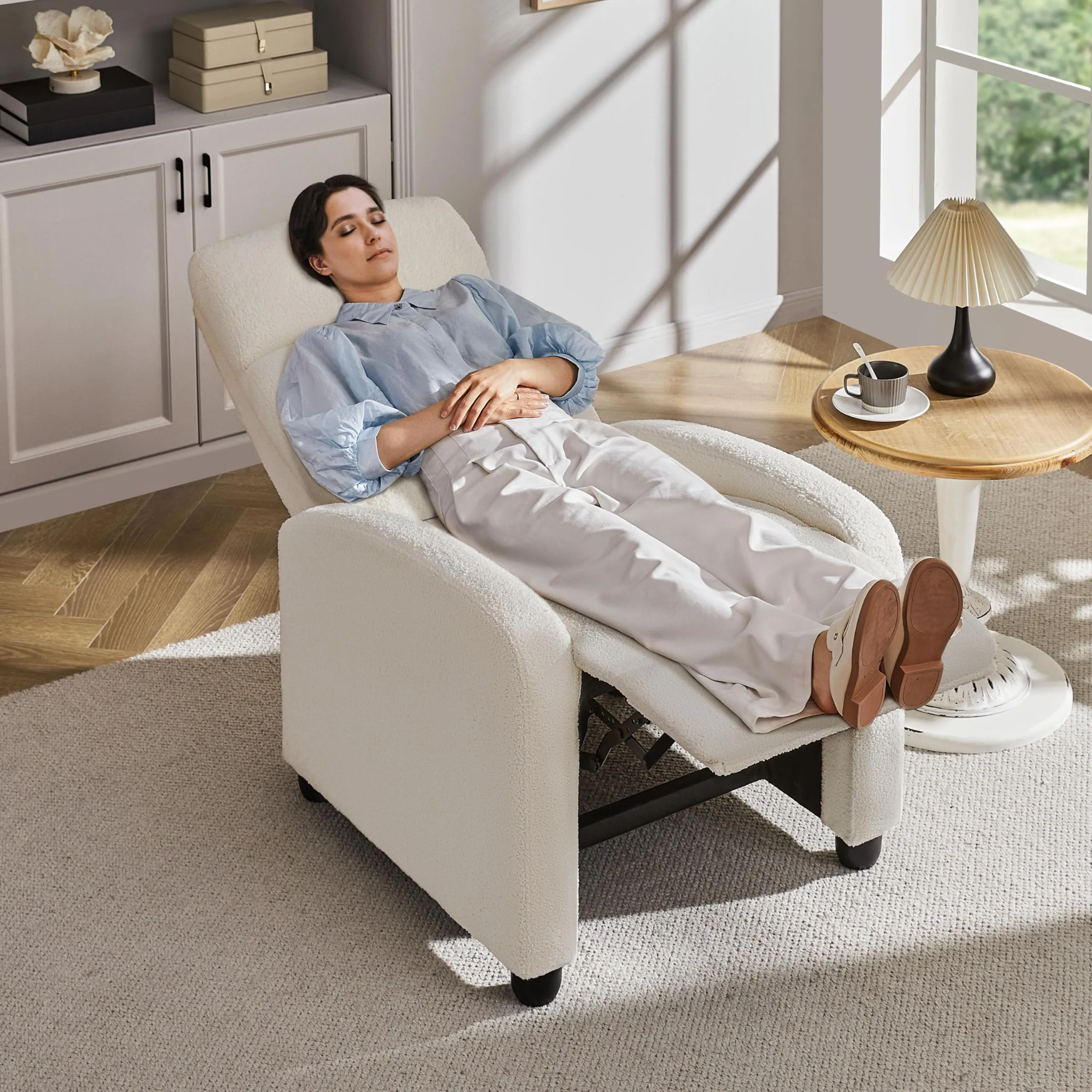 Yaheetech Poltrona Relax Reclinabile con Poggiapiedi, Tessuto Bouclé, Avorio - immagine 9