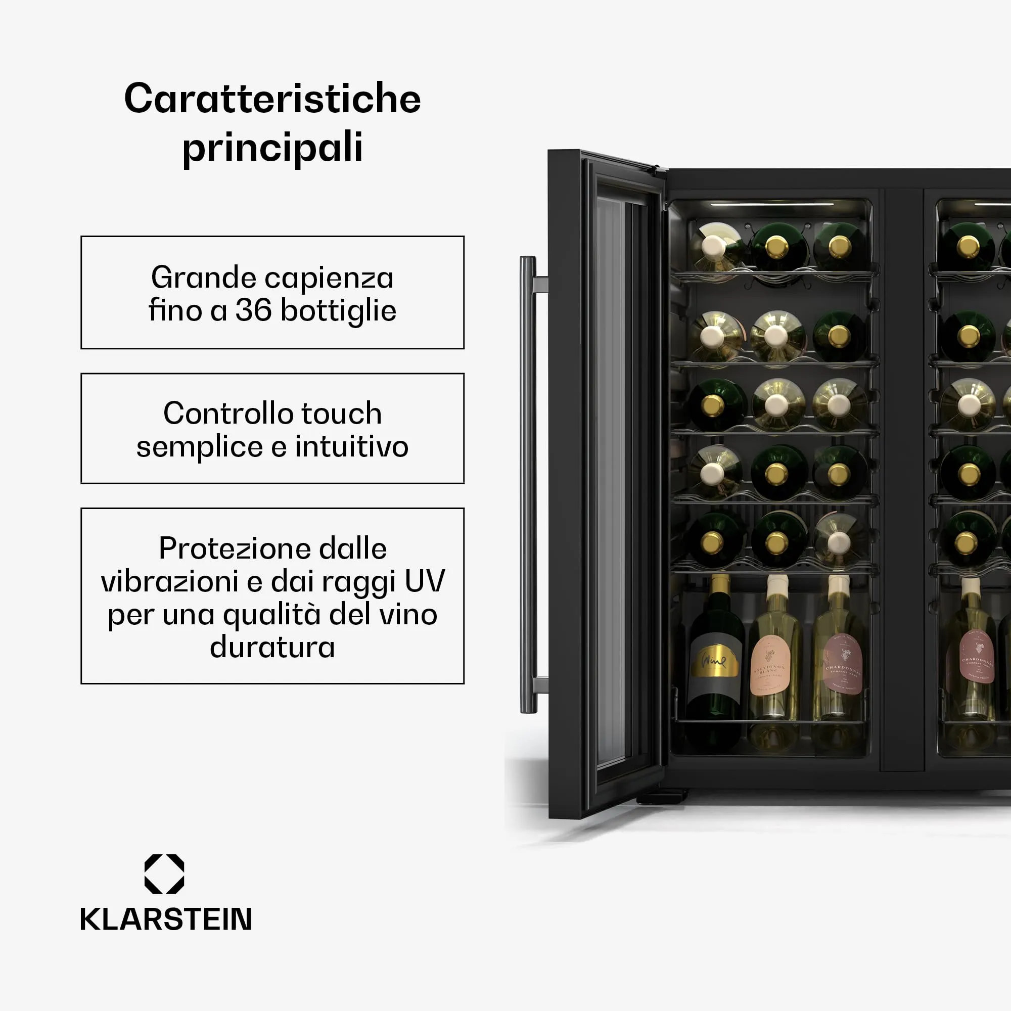 Klarstein Shiraz Cantinetta Vino Nero, 36 Bottiglie, 113 L, Doppia Temperatura, 5–18 °C, LED, Telaio Inox - immagine 2