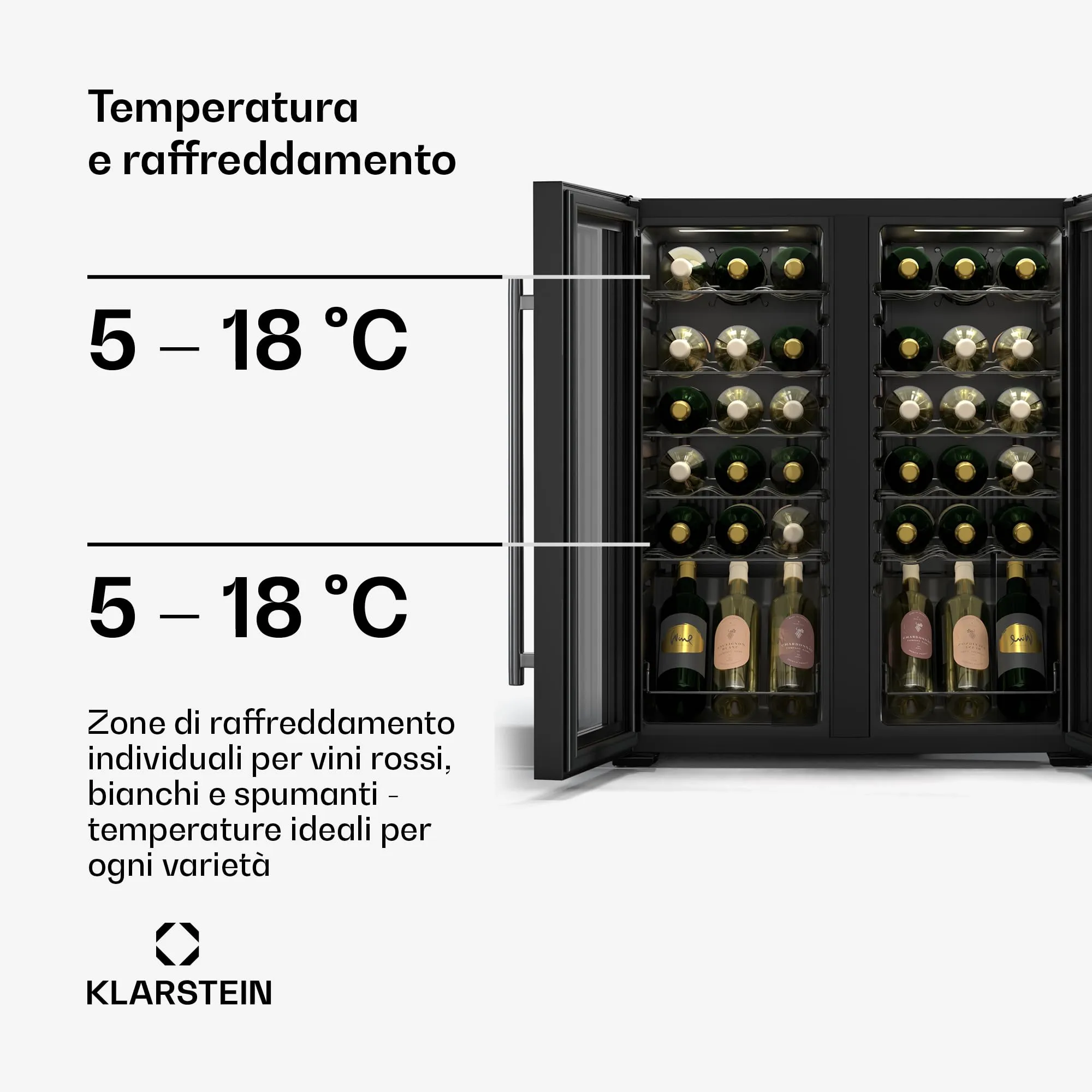 Klarstein Shiraz Cantinetta Vino Nero, 36 Bottiglie, 113 L, Doppia Temperatura, 5–18 °C, LED, Telaio Inox - immagine 4