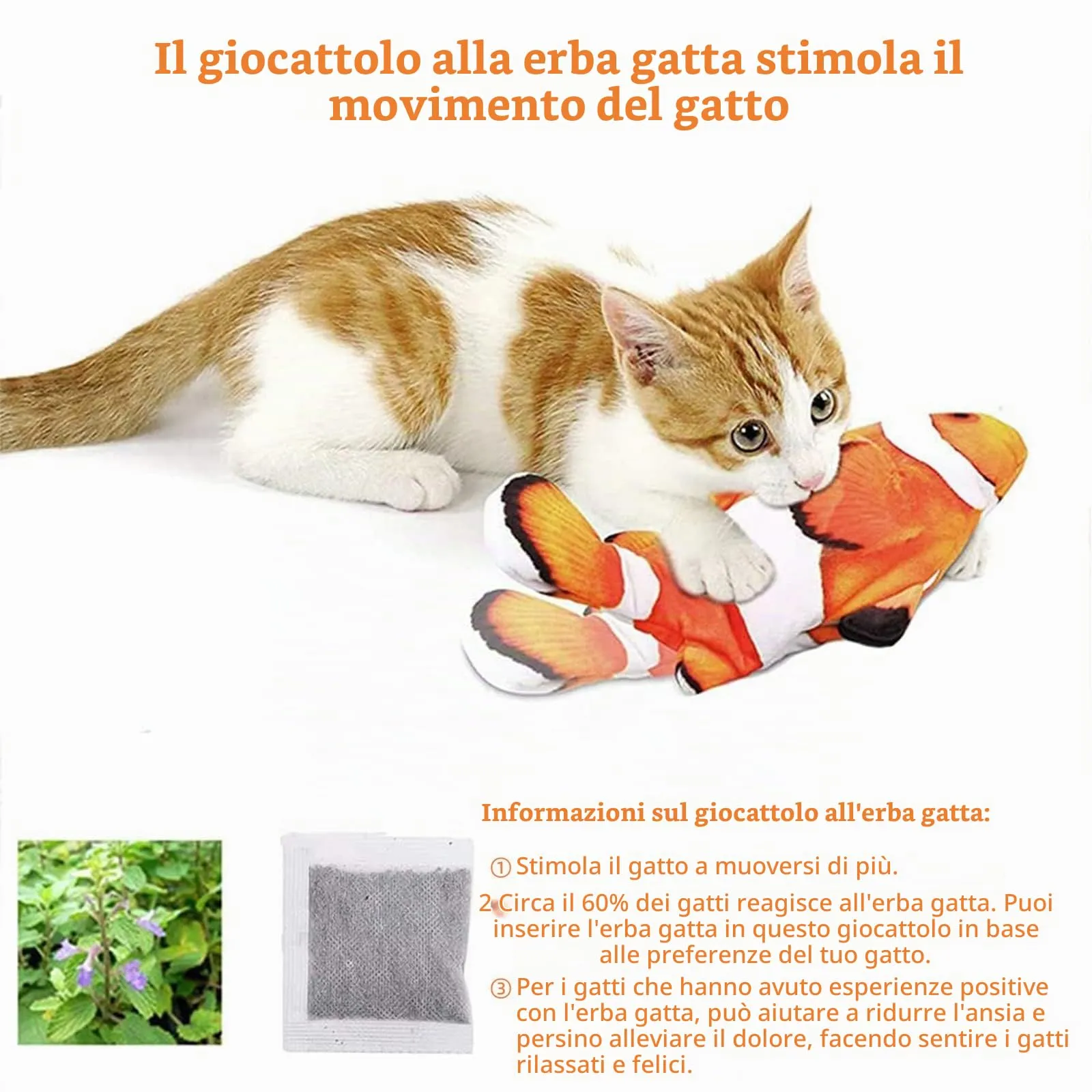 Nepfaivy Giocattolo Interattivo per Gatti, Pesce Elettrico con Erba Gatta, Pesce Pagliaccio - immagine 2