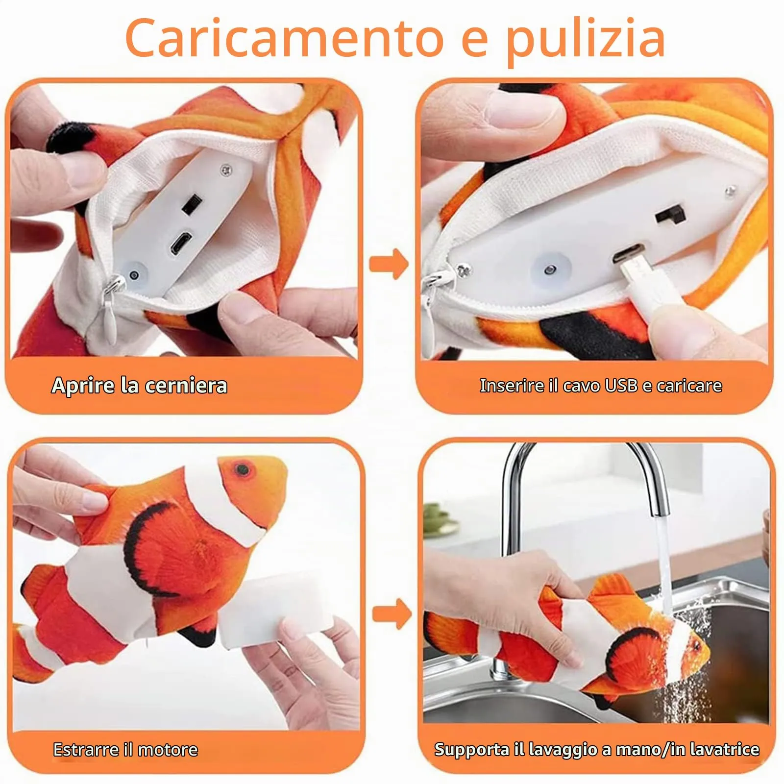 Nepfaivy Giocattolo Interattivo per Gatti, Pesce Elettrico con Erba Gatta, Pesce Pagliaccio - immagine 5