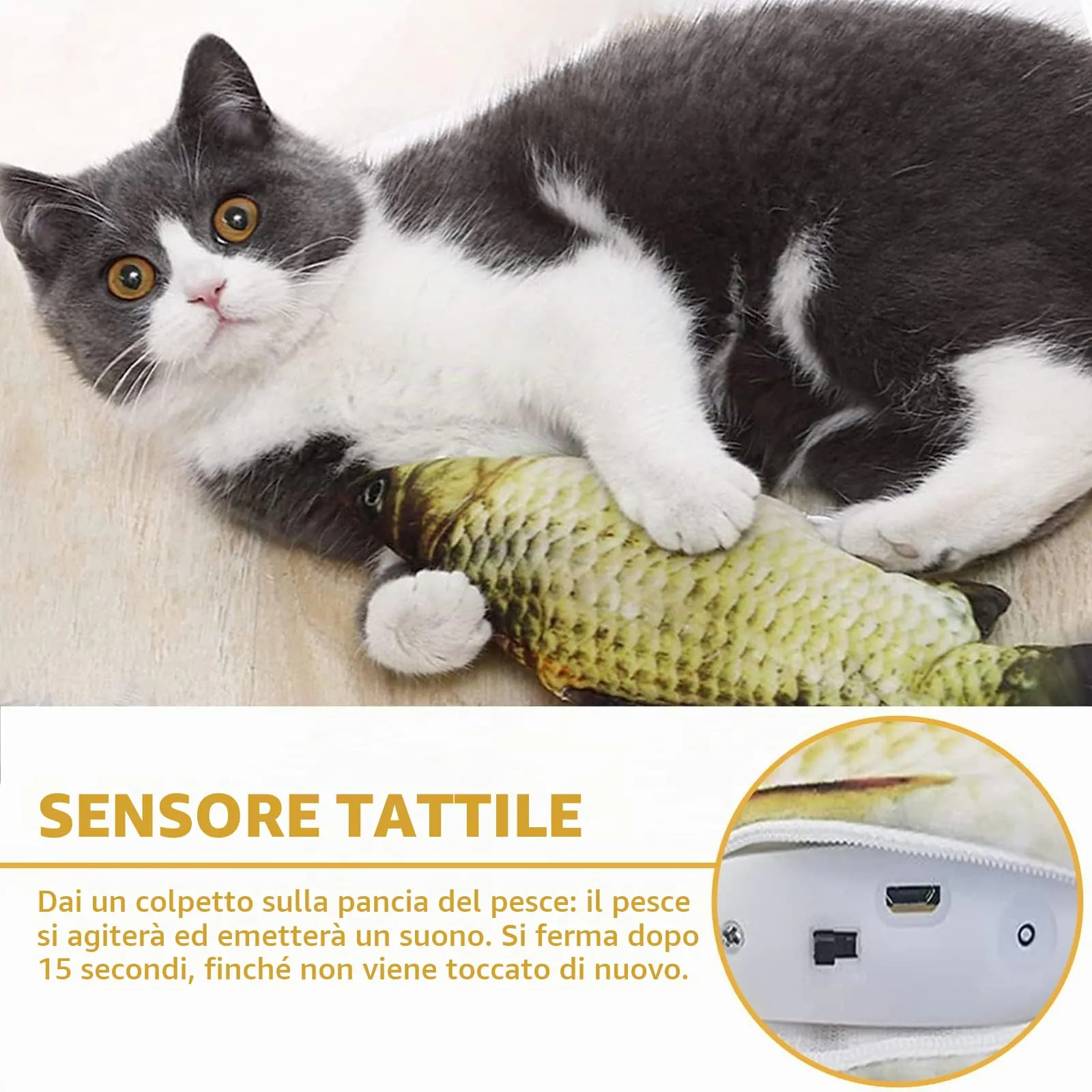 Nepfaivy Giocattolo Interattivo per Gatti, Pesce Elettrico con Erba Gatta, Carpa Gialla - immagine 3