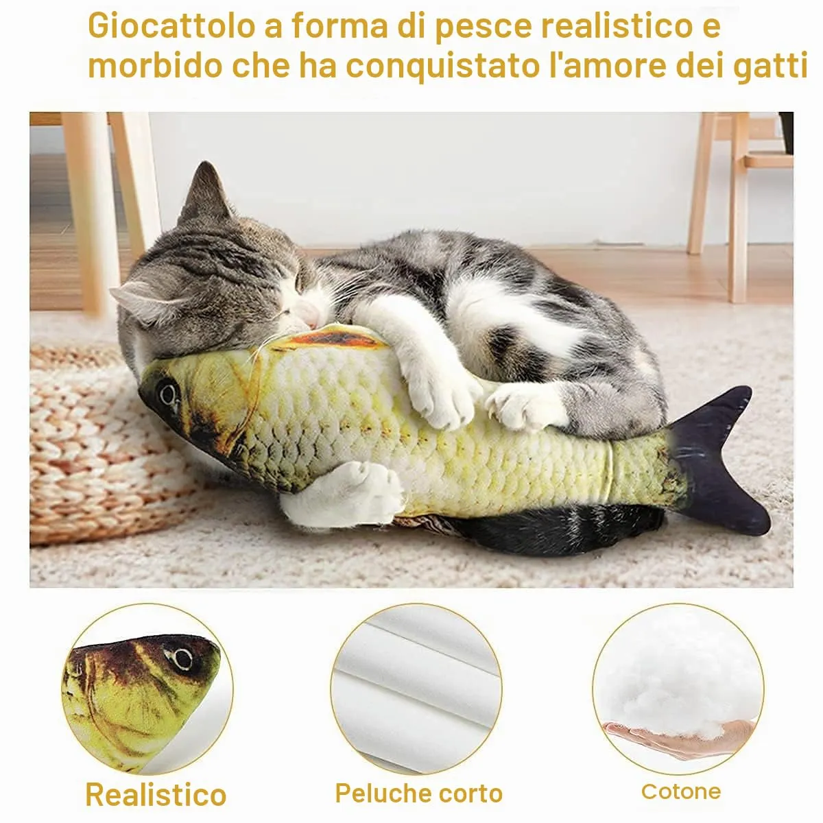 Nepfaivy Giocattolo Interattivo per Gatti, Pesce Elettrico con Erba Gatta, Carpa Gialla - immagine 4