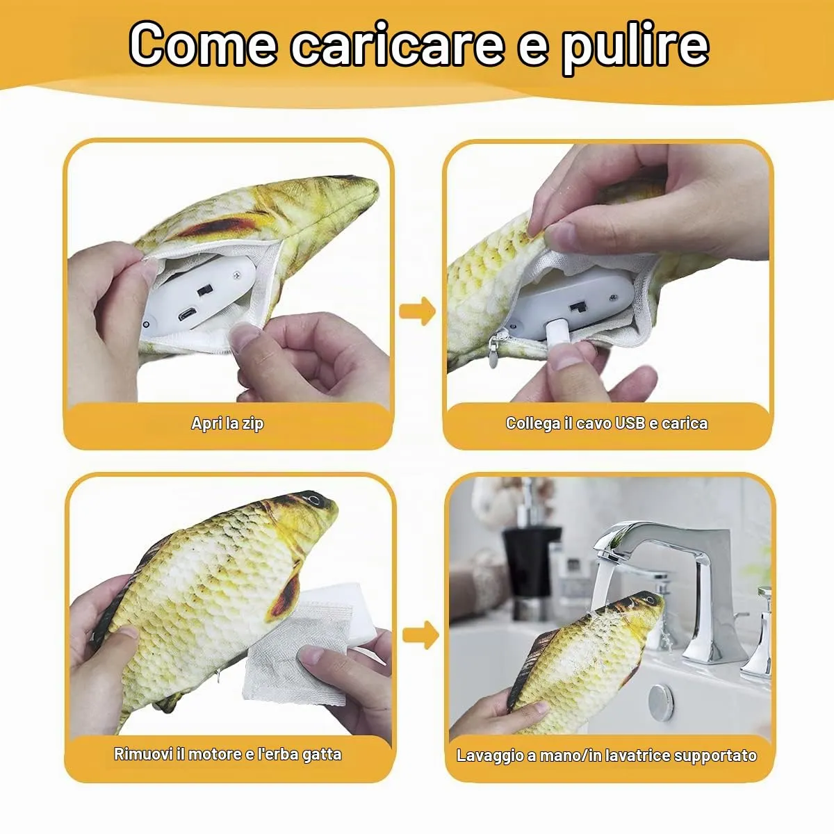 Nepfaivy Giocattolo Interattivo per Gatti, Pesce Elettrico con Erba Gatta, Carpa Gialla - immagine 5