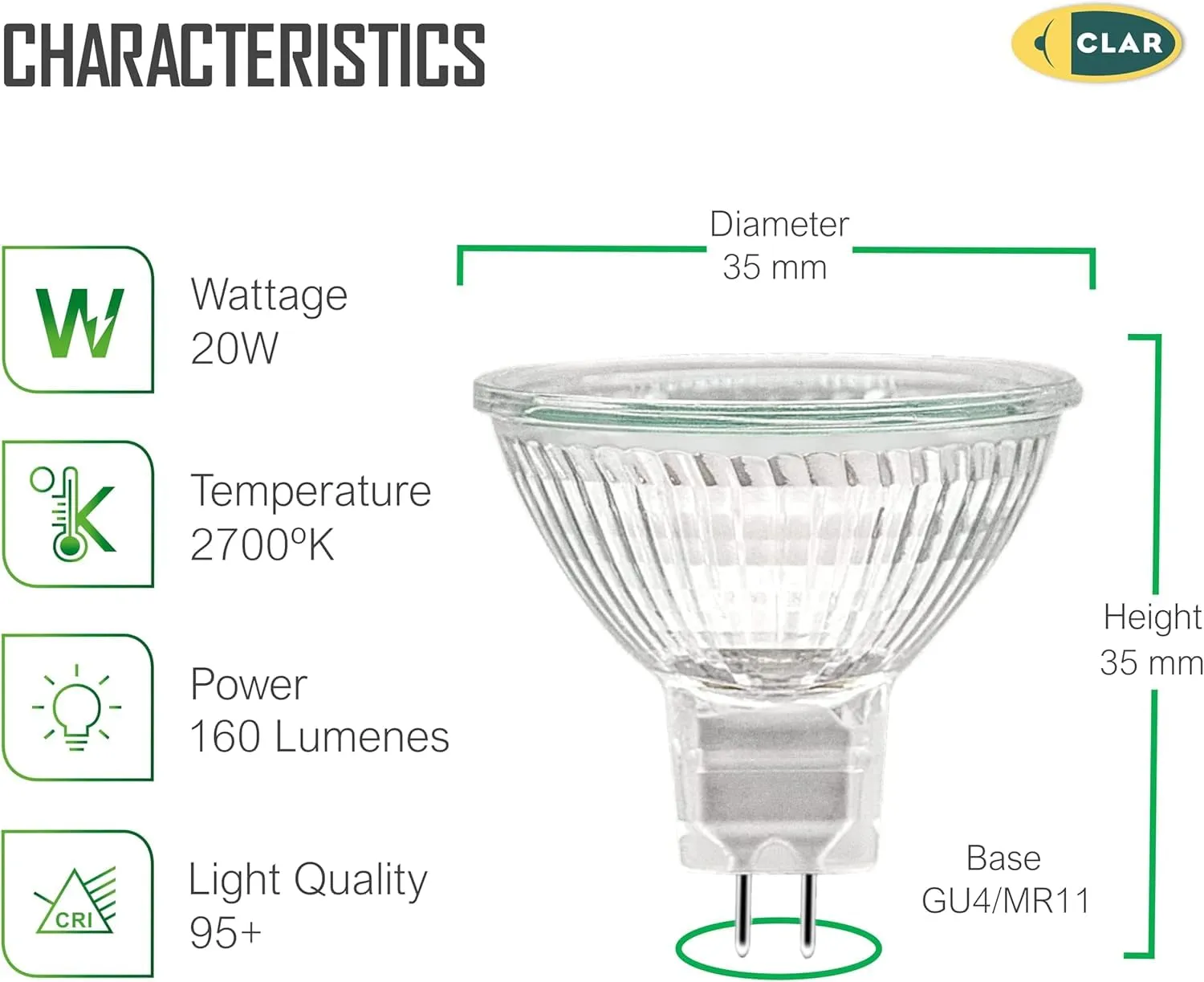 CLAR MR11 GU4 Halogen Lamp 12V 20W (Pack 100) - immagine 2