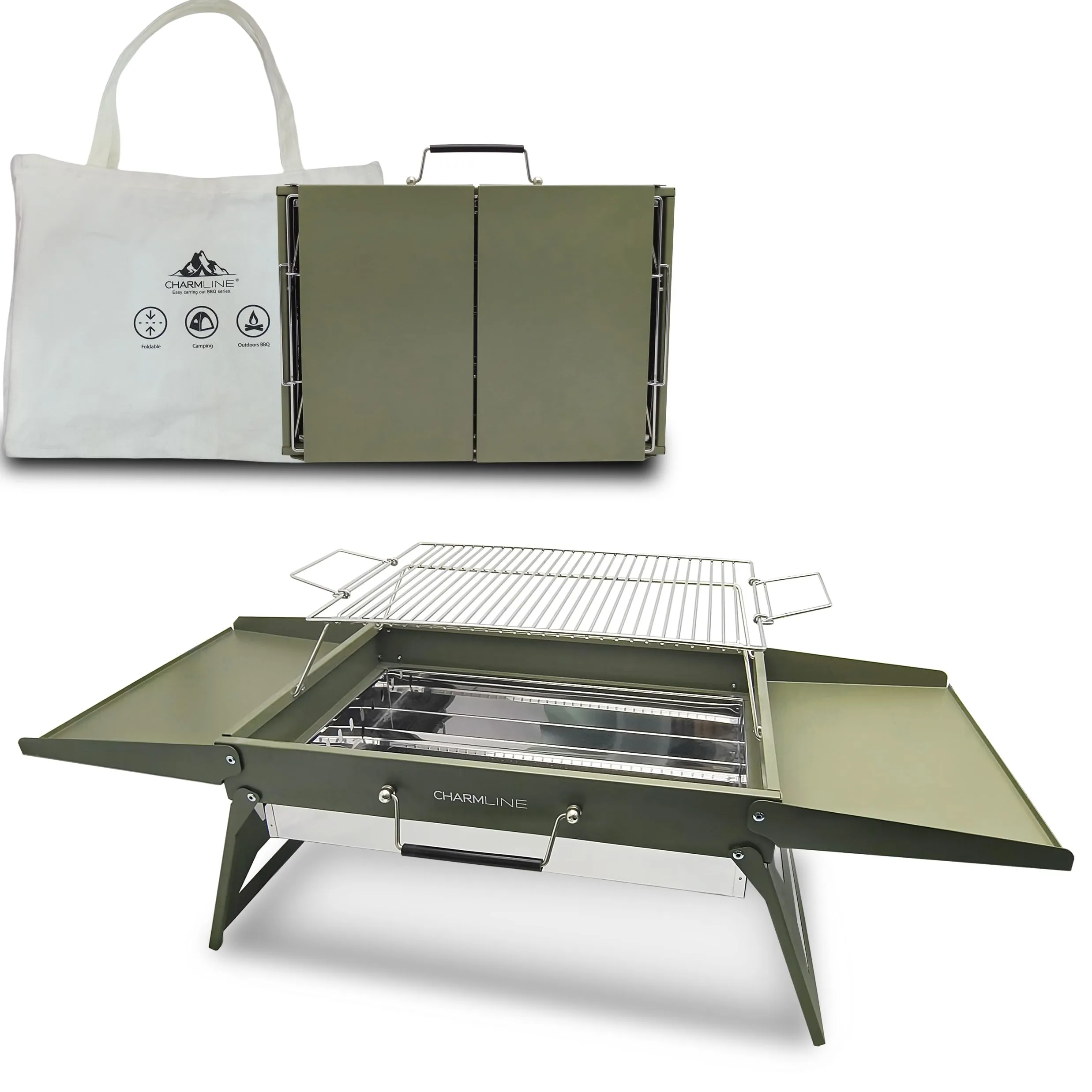 Charmline Griglia a Carbone Portatile Pieghevole 47 x 34 cm, Verde - immagine 1