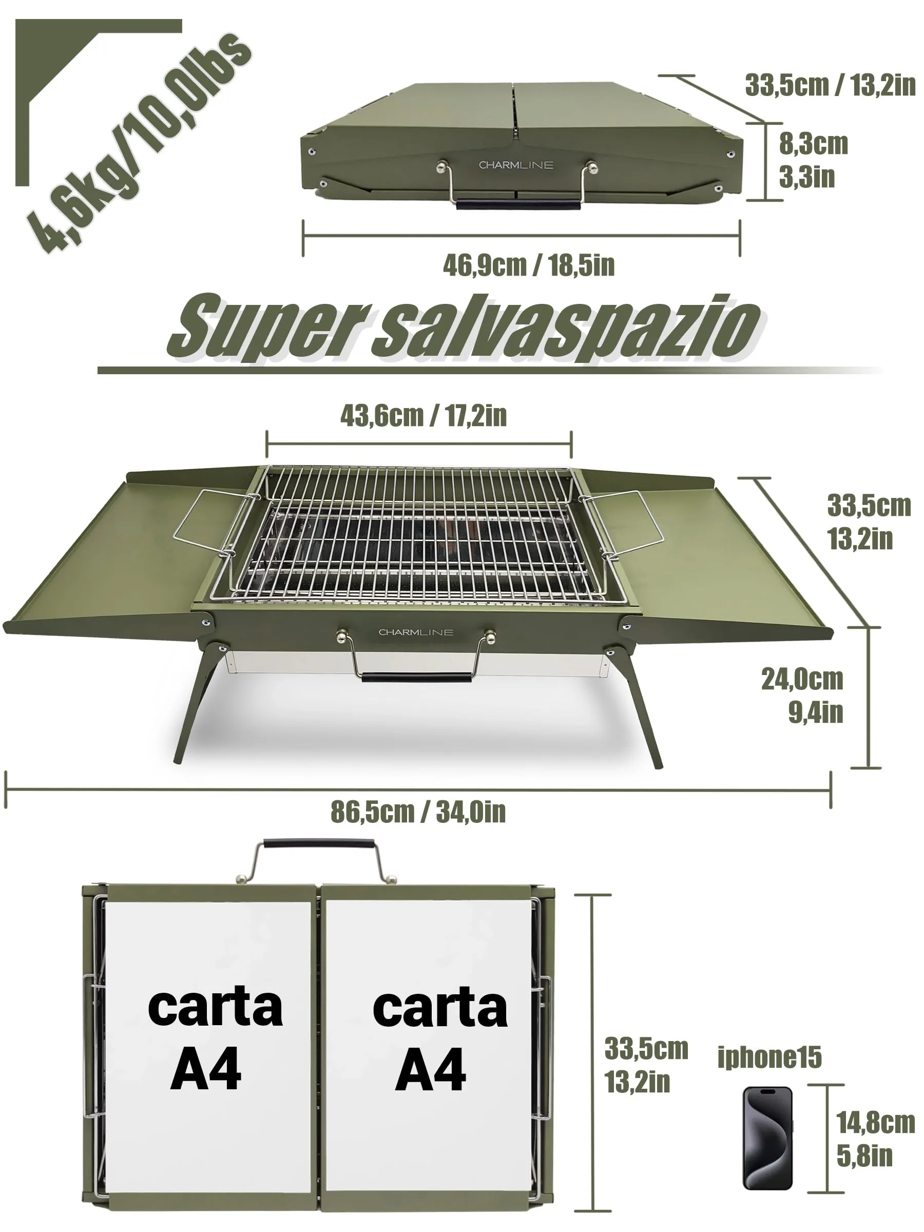 Charmline Griglia a Carbone Portatile Pieghevole 47 x 34 cm, Verde - immagine 5